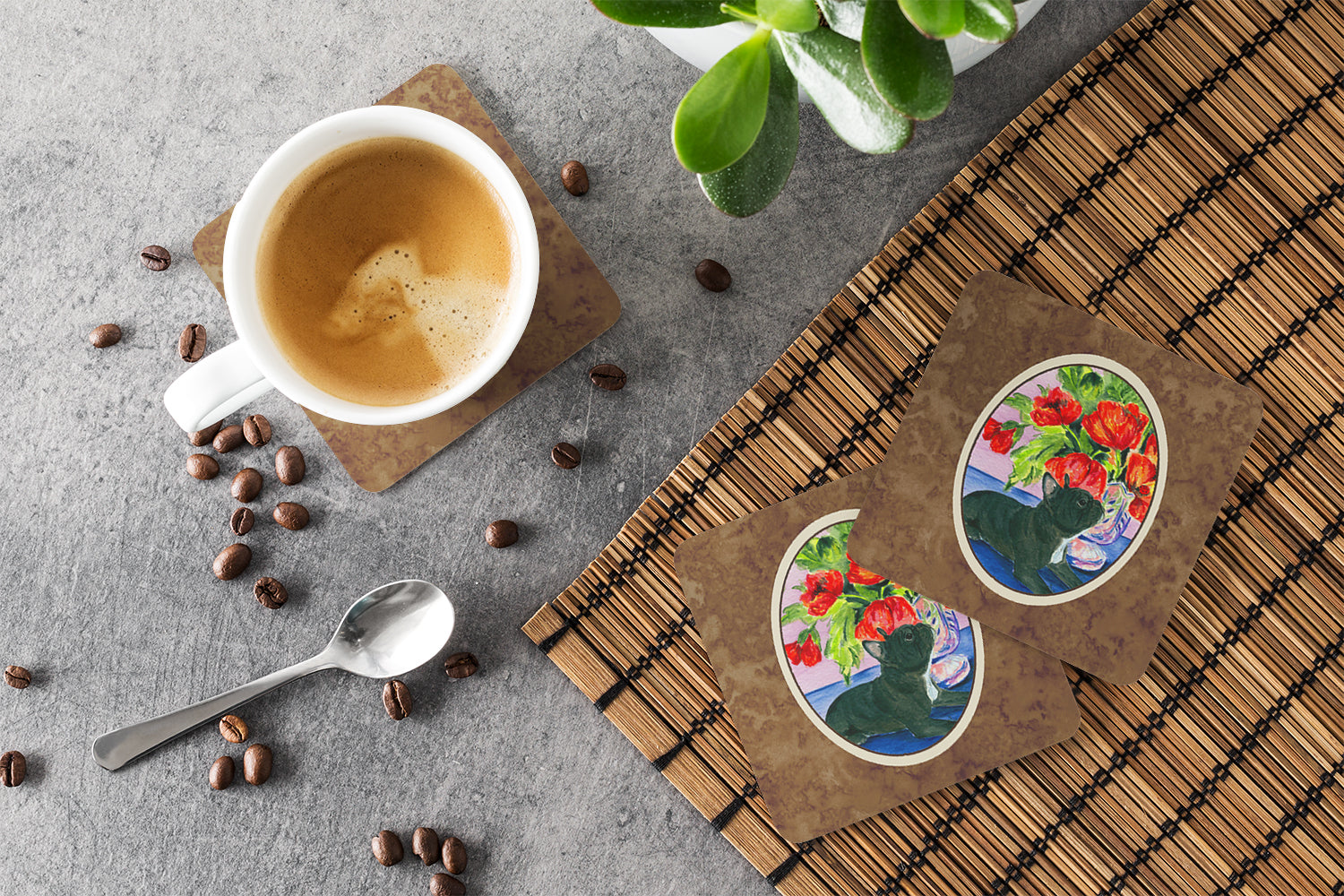 French Bulldog Foam Coasters Set of 4 Cup Coasters for Indoor Outdoor, Tabletop Protection, Anti Slip, Mouse pad Material