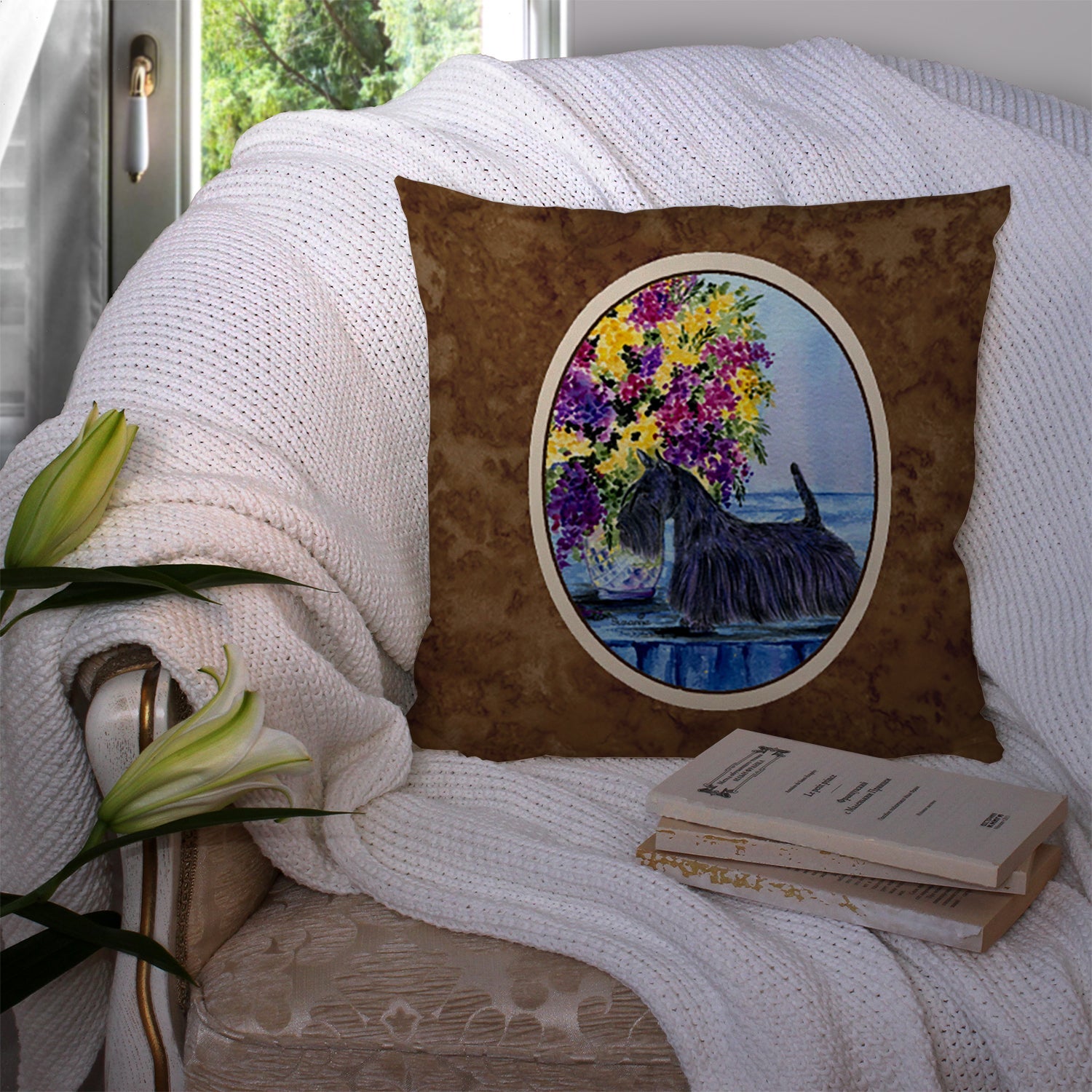 Scottish Terrier Decorative Throw Pillow 14x14 Indoor Outdoor Accent Cushion, Fabric Cover with Insert for Sofa, Bed, Porch & Living Room