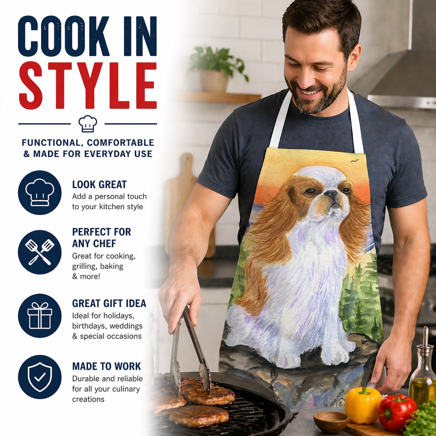 English Toy Spaniel Apron Cooking Kitchen Server Baking Crafts Gardening for Adult Women Men, Unisex, Large, Multicolor