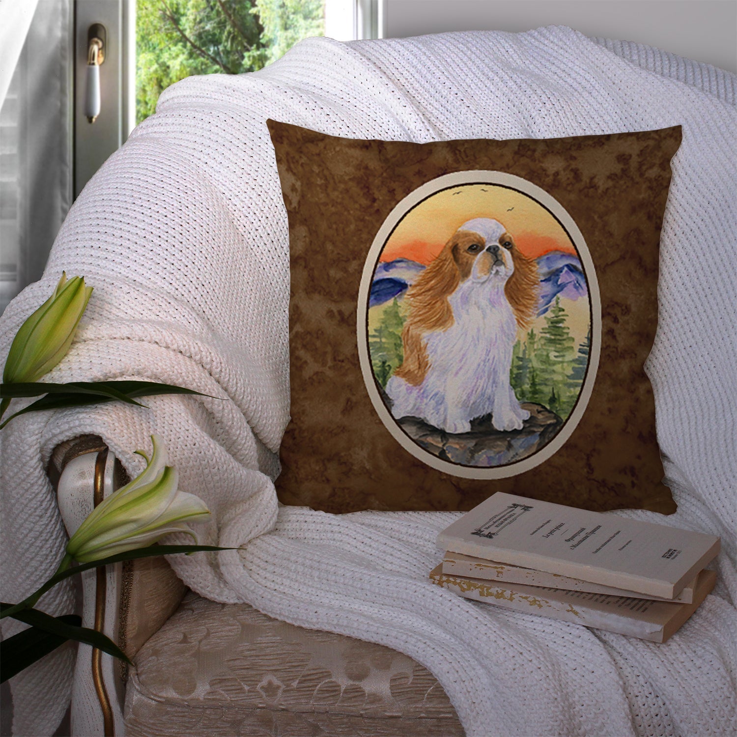 English Toy Spaniel Decorative Throw Pillow 14x14 Indoor Outdoor Accent Cushion, Fabric Cover with Insert for Sofa, Bed, Porch & Living Room