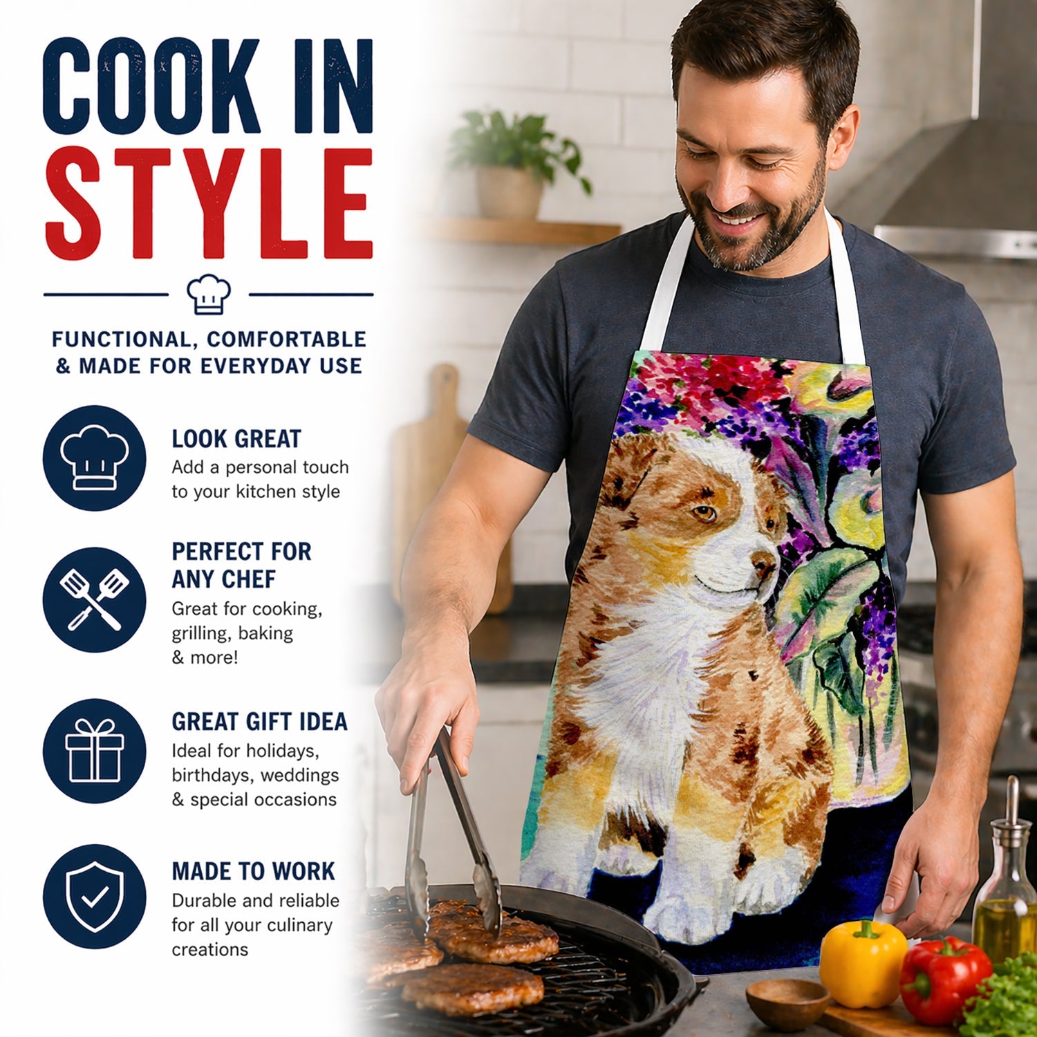 Australian Shepherd Apron Cooking Kitchen Server Baking Crafts Gardening for Adult Women Men, Unisex, Large, Multicolor