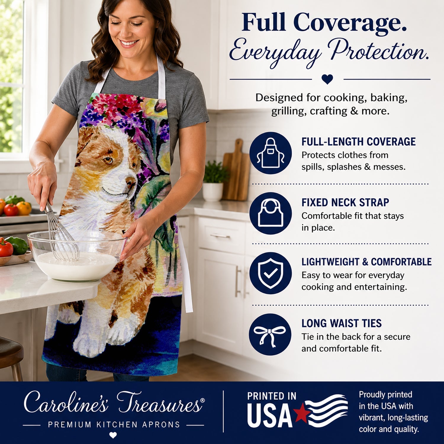 Australian Shepherd Apron Cooking Kitchen Server Baking Crafts Gardening for Adult Women Men, Unisex, Large, Multicolor
