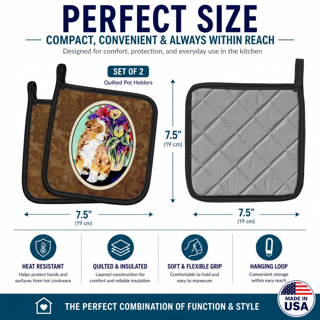 Australian Shepherd Pot Holder Set of 2 Heat Resistant Quilted Hot Pads 7.5 x 7.5 Inch, Insulated Kitchen Trivets for Cooking & Baking
