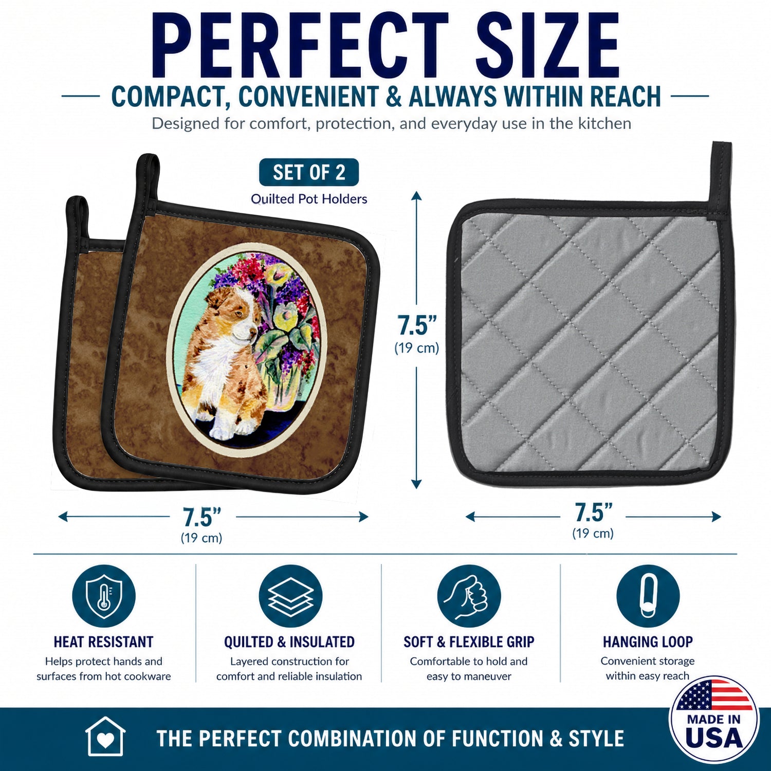 Australian Shepherd Pot Holder Set of 2 Heat Resistant Quilted Hot Pads 7.5 x 7.5 Inch, Insulated Kitchen Trivets for Cooking & Baking