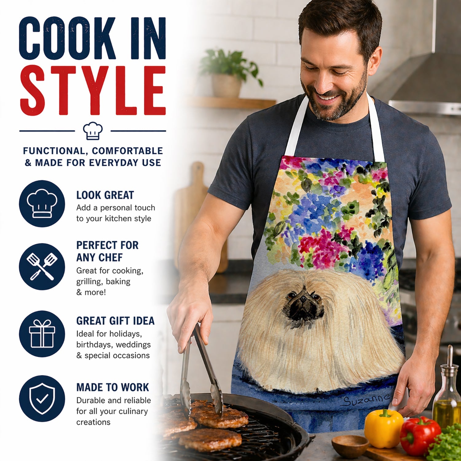 Pekingese Apron Cooking Kitchen Server Baking Crafts Gardening for Adult Women Men, Unisex, Large, Multicolor