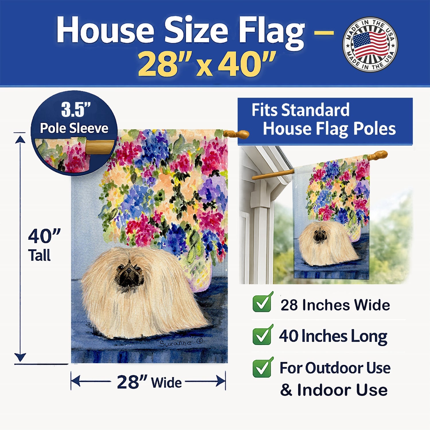 Pekingese House Flag 28x40 Porch Sleeve Pole Decorative Outside Yard Banner Artwork Wall Hanging, Polyester