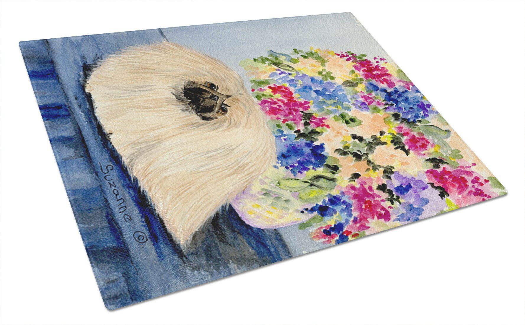 Pekingese Cutting Board Tempered Glass Kitchen Cutting Surface, Heat Resistant Chopping, Non-Slip Feet, Food Prep & Serving