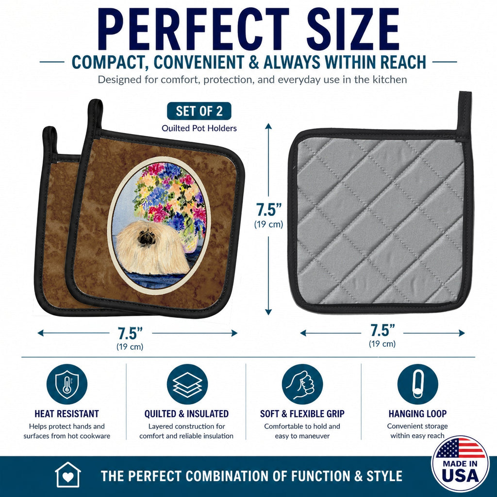 Pekingese Pot Holder Set of 2 Heat Resistant Quilted Hot Pads 7.5 x 7.5 Inch, Insulated Kitchen Trivets for Cooking & Baking