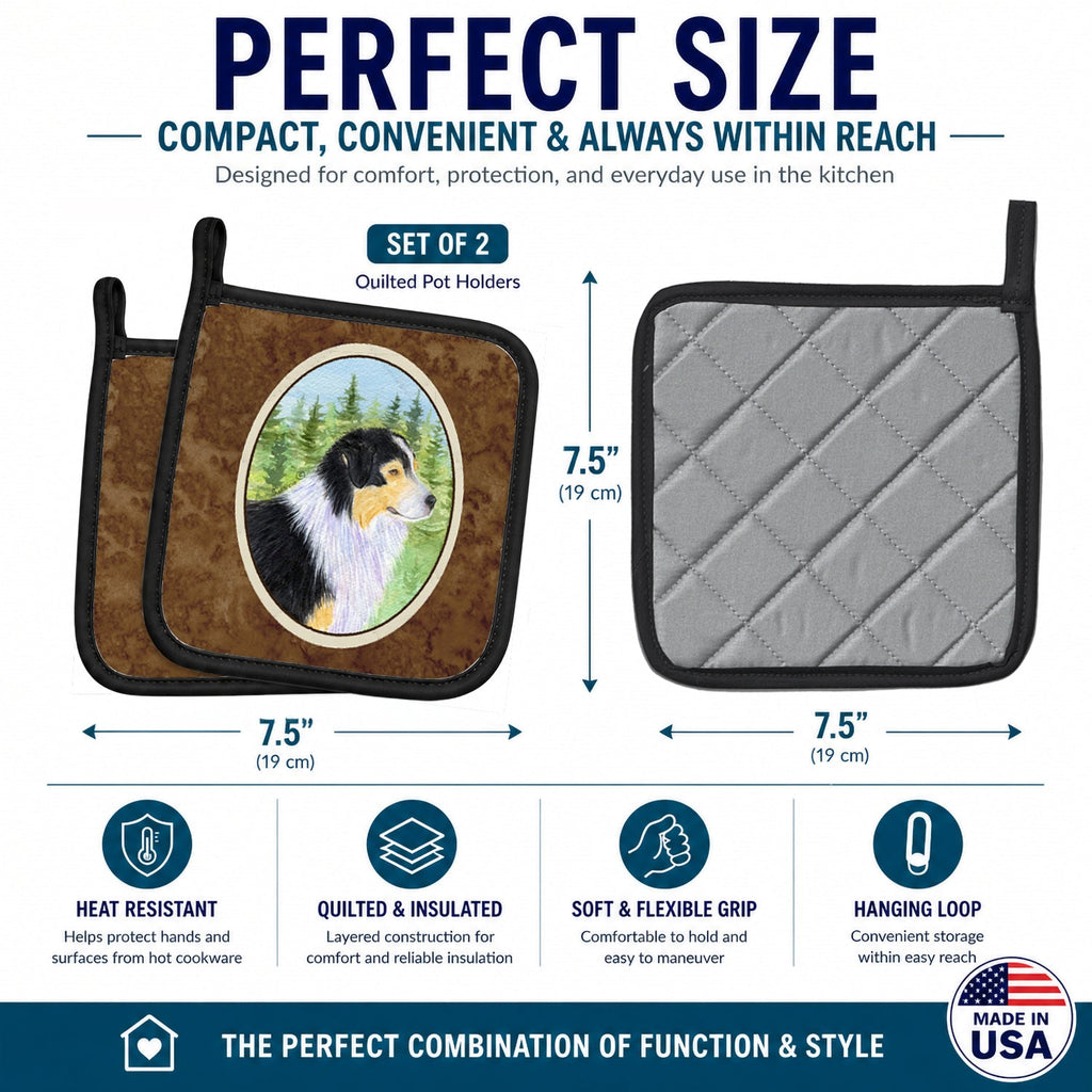 Australian Shepherd Pot Holder Set of 2 Heat Resistant Quilted Hot Pads 7.5 x 7.5 Inch, Insulated Kitchen Trivets for Cooking & Baking
