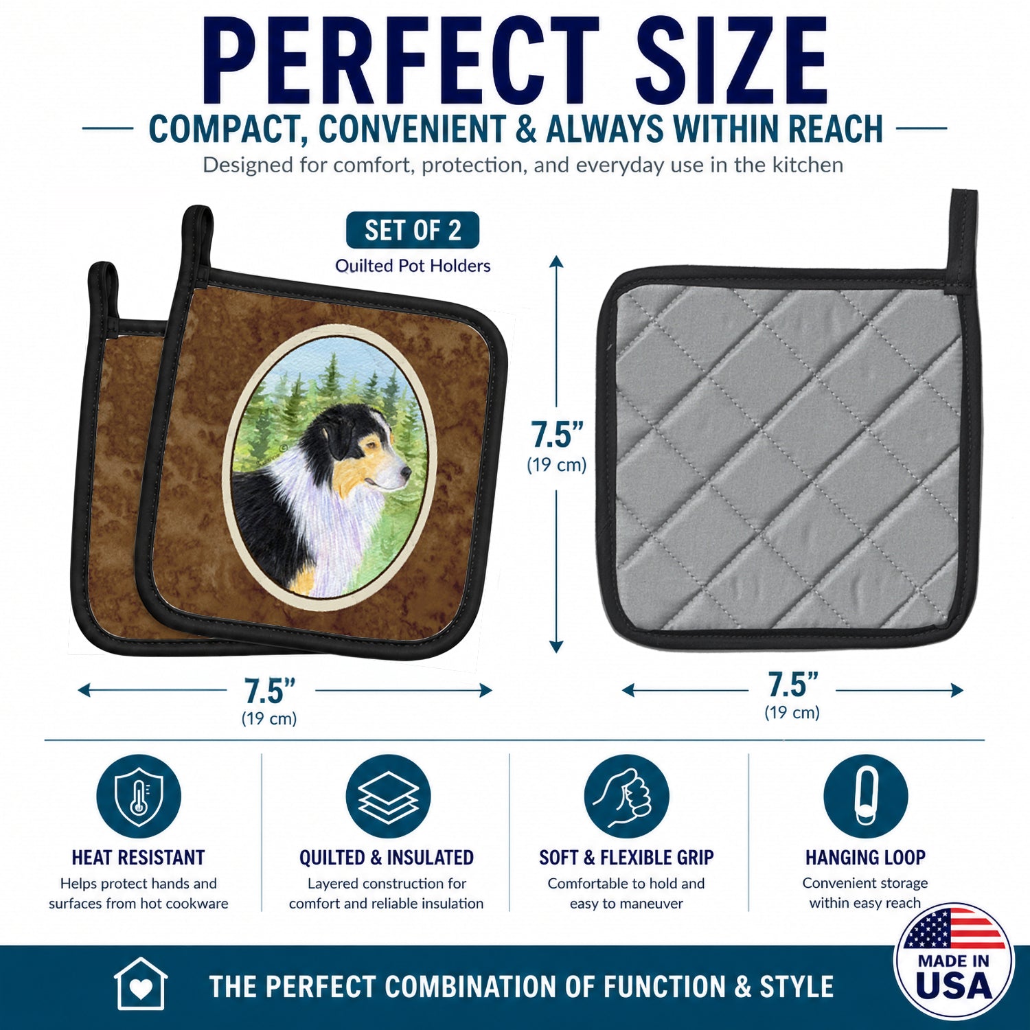 Australian Shepherd Pot Holder Set of 2 Heat Resistant Quilted Hot Pads 7.5 x 7.5 Inch, Insulated Kitchen Trivets for Cooking & Baking