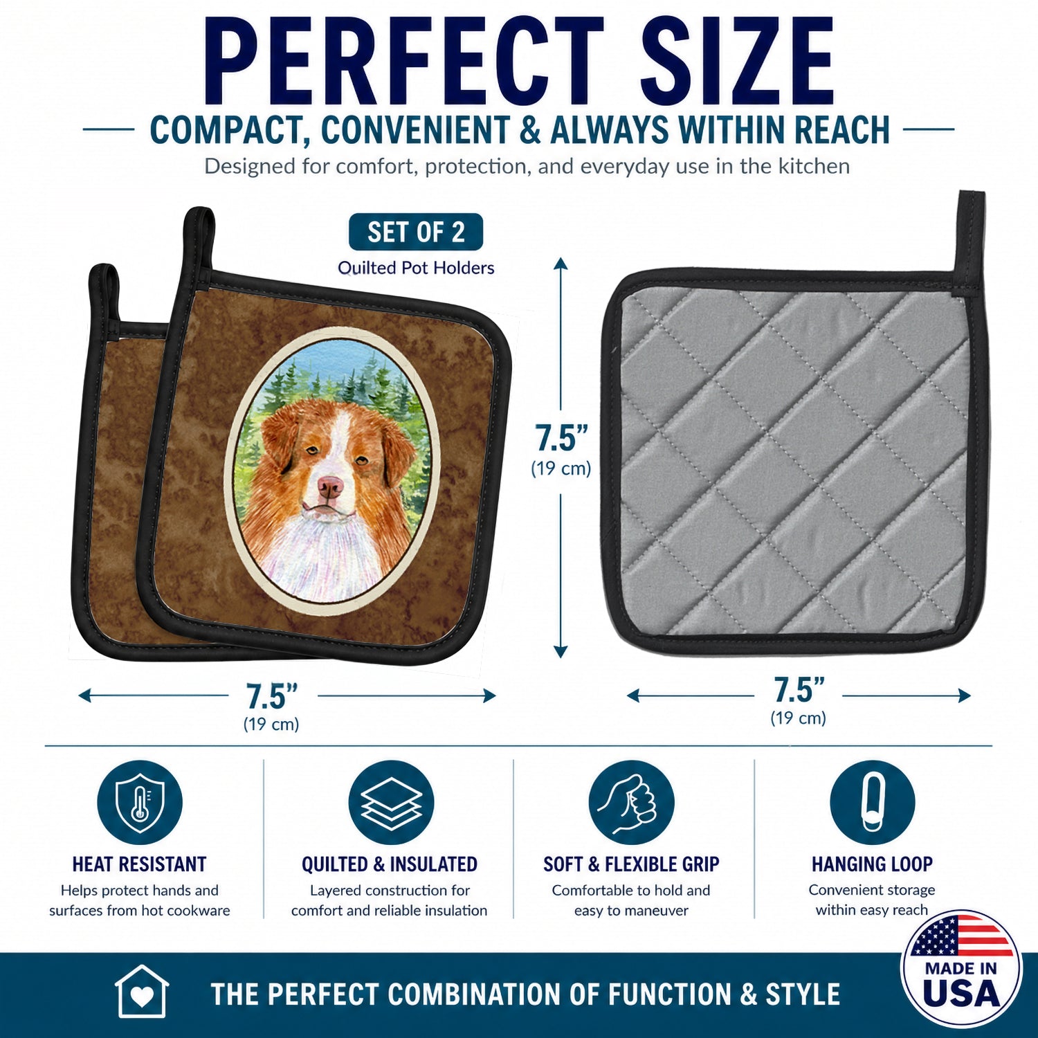 Australian Shepherd Pot Holder Set of 2 Heat Resistant Quilted Hot Pads 7.5 x 7.5 Inch, Insulated Kitchen Trivets for Cooking & Baking