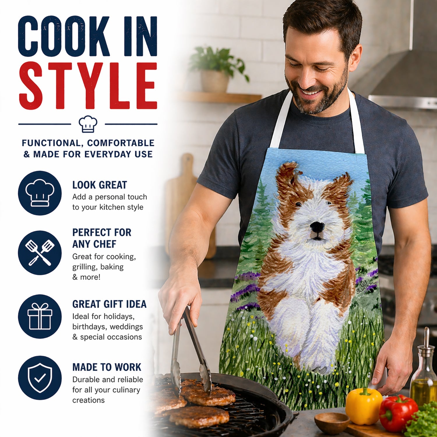 Bearded Collie Apron Cooking Kitchen Server Baking Crafts Gardening for Adult Women Men, Unisex, Large, Multicolor