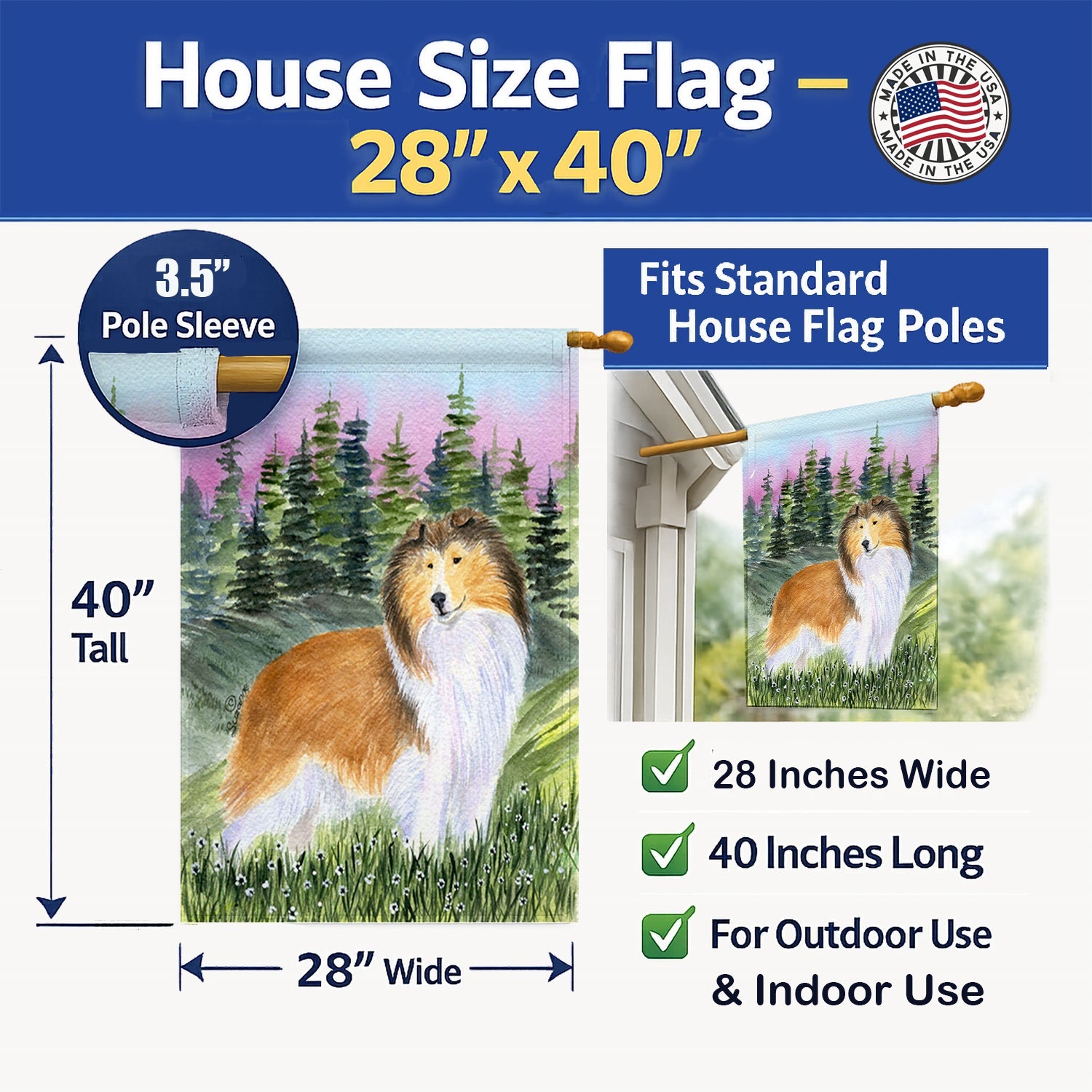 Sheltie House Flag 28x40 Porch Sleeve Pole Decorative Outside Yard Banner Artwork Wall Hanging, Polyester