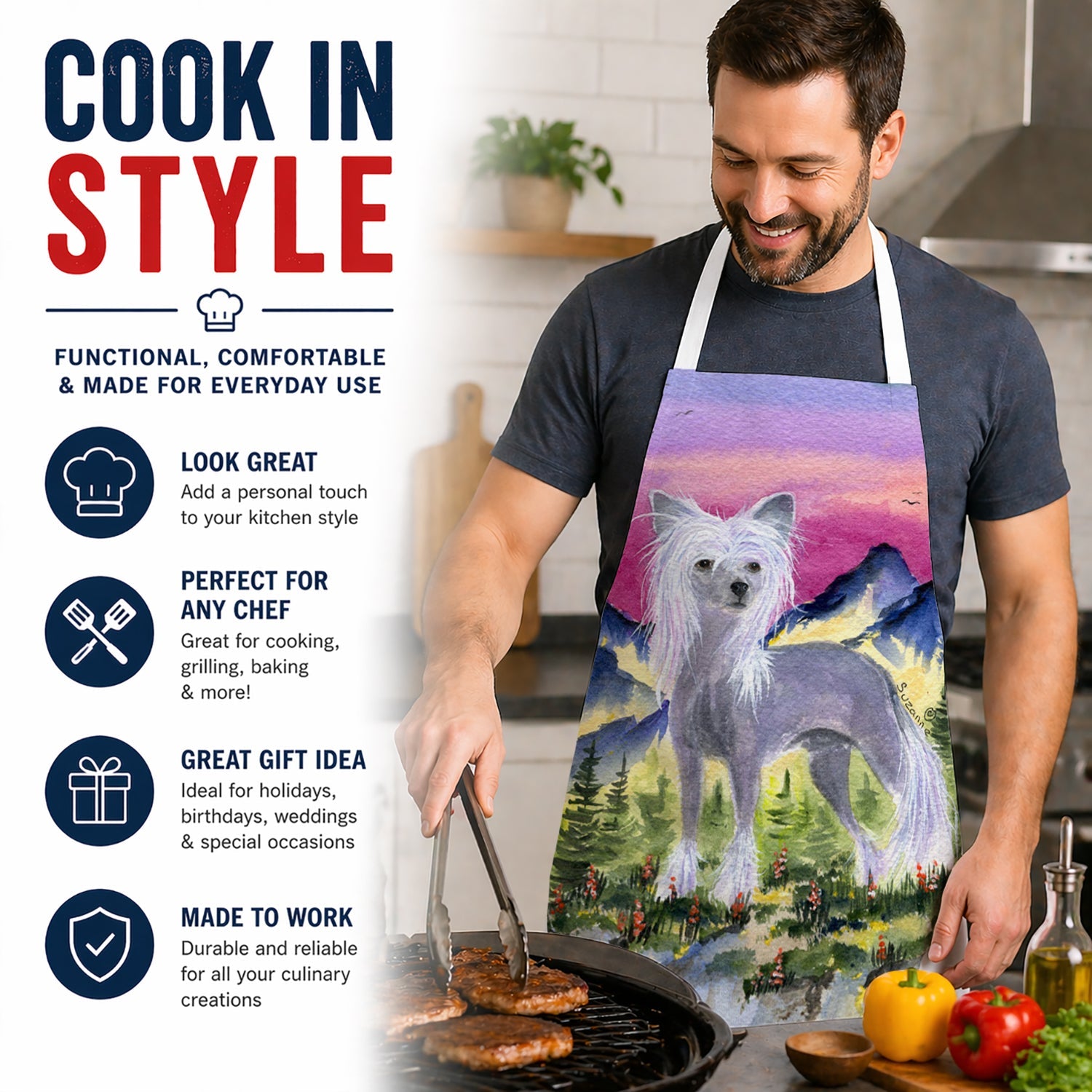 Chinese Crested Apron Cooking Kitchen Server Baking Crafts Gardening for Adult Women Men, Unisex, Large, Multicolor