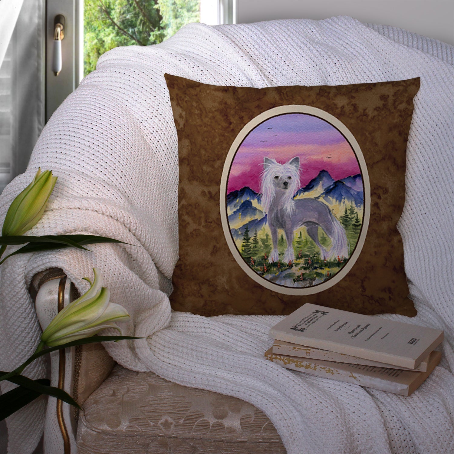 Chinese Crested Decorative Throw Pillow 14x14 Indoor Outdoor Accent Cushion, Fabric Cover with Insert for Sofa, Bed, Porch & Living Room