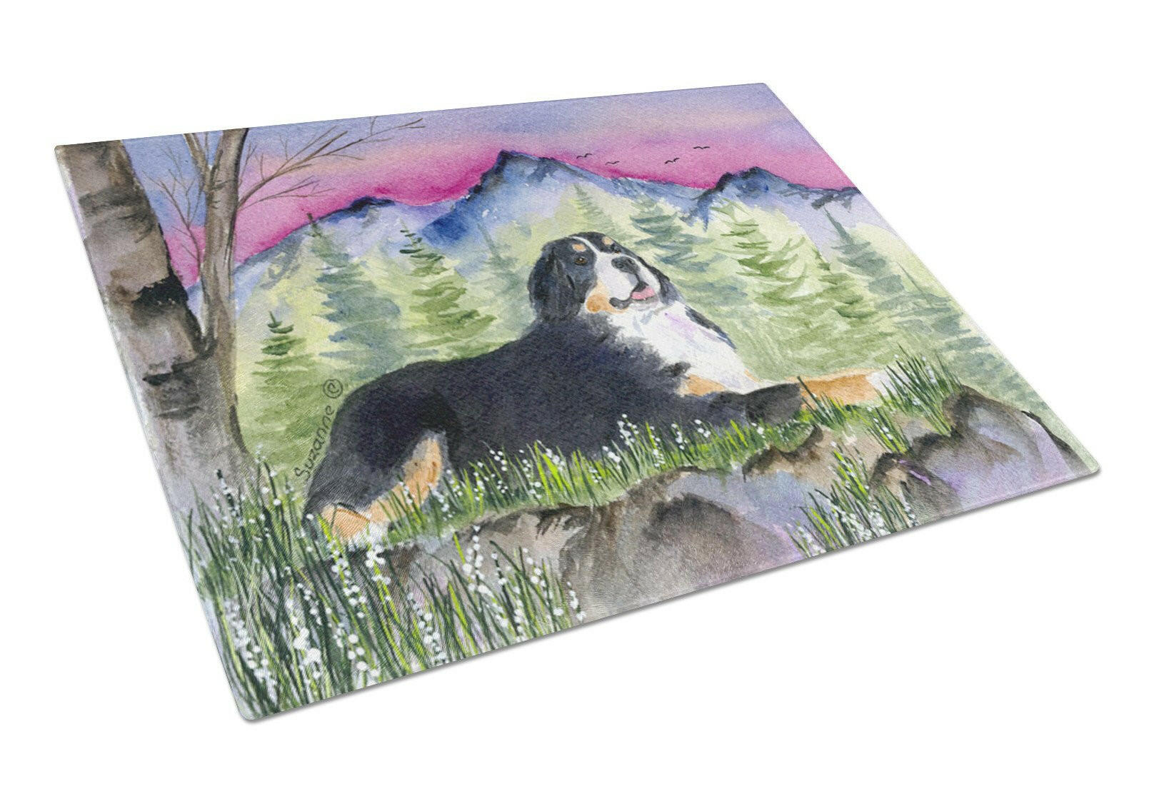 Bernese Mountain Dog Cutting Board Tempered Glass Kitchen Cutting Surface, Heat Resistant Chopping, Non-Slip Feet, Food Prep & Serving