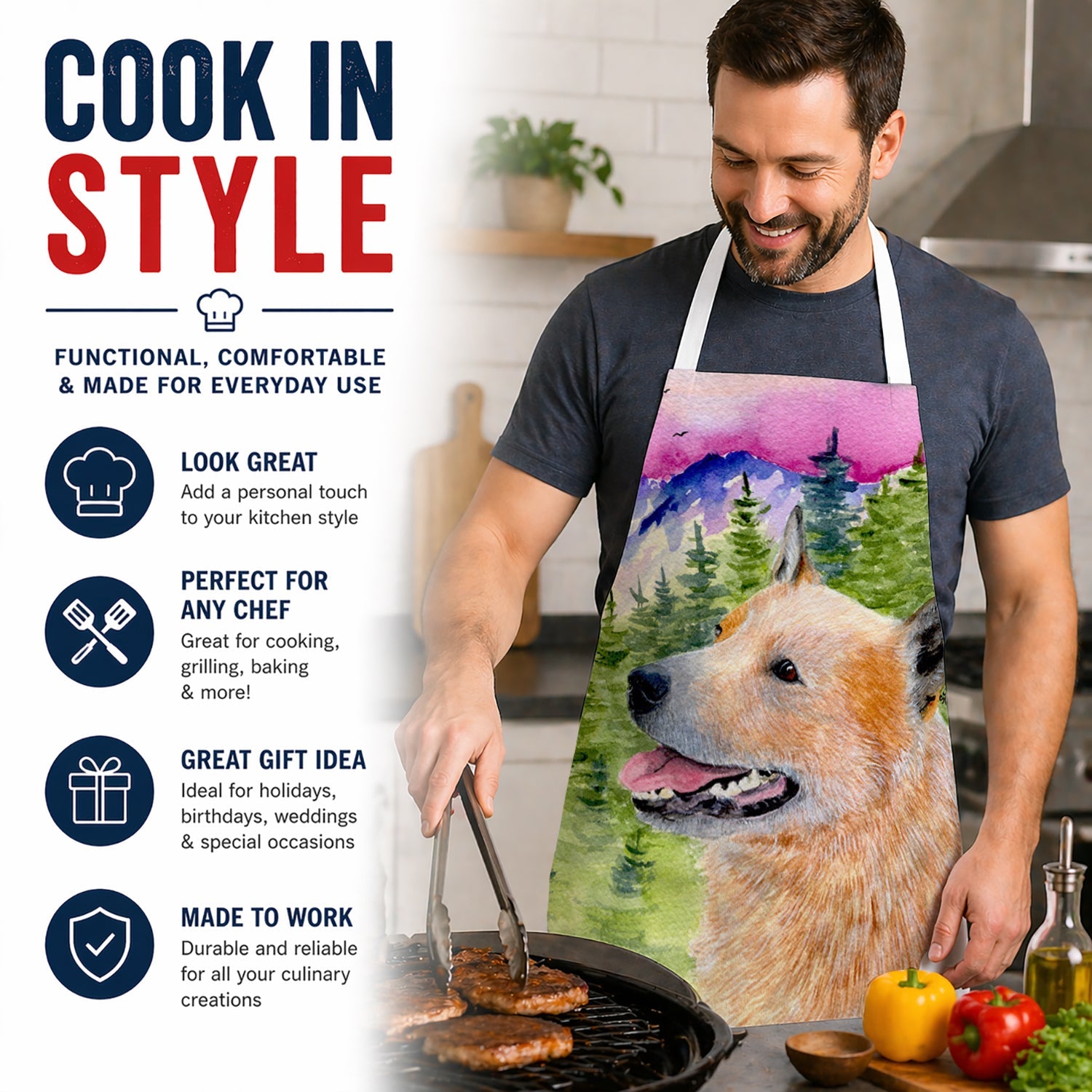 Australian Cattle Dog Apron Cooking Kitchen Server Baking Crafts Gardening for Adult Women Men, Unisex, Large, Multicolor