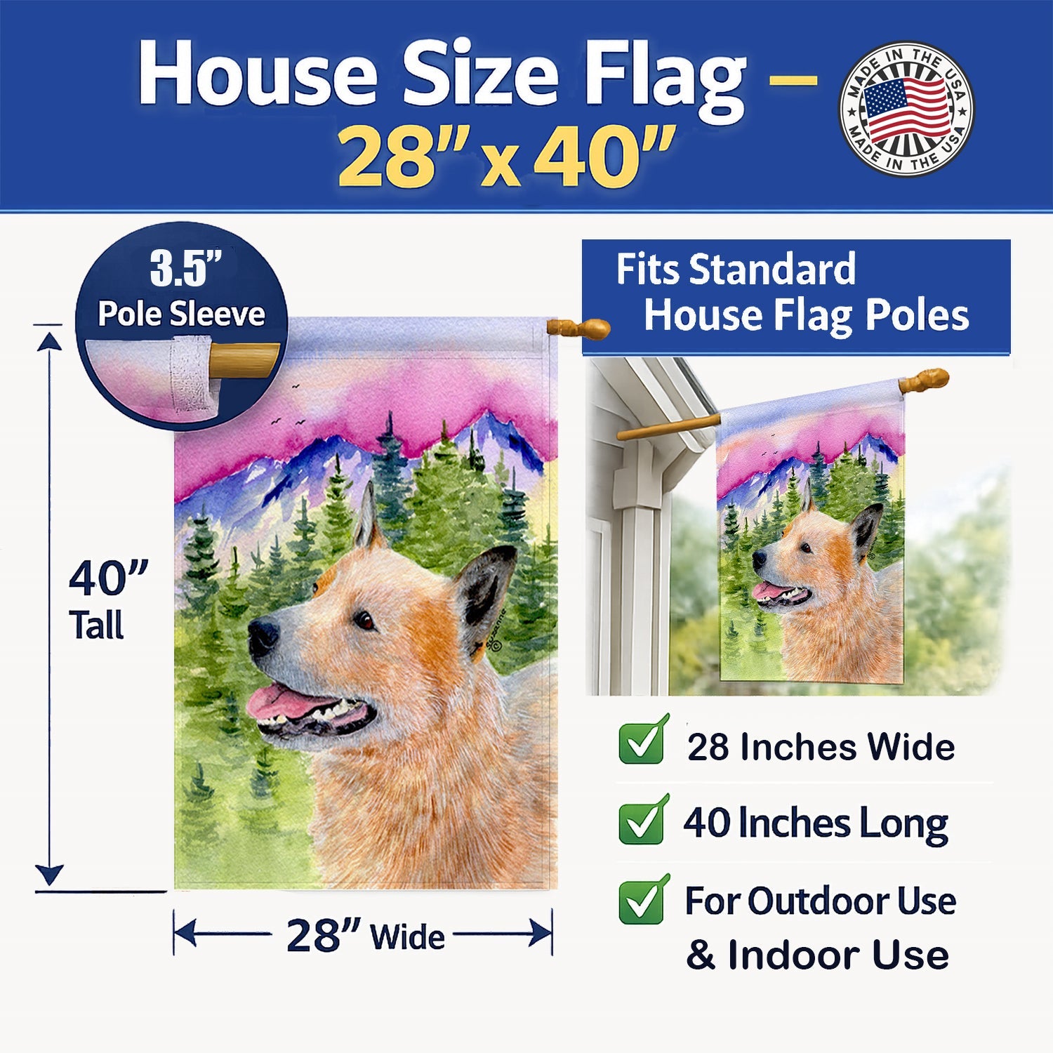 Australian Cattle Dog House Flag 28x40 Porch Sleeve Pole Decorative Outside Yard Banner Artwork Wall Hanging, Polyester