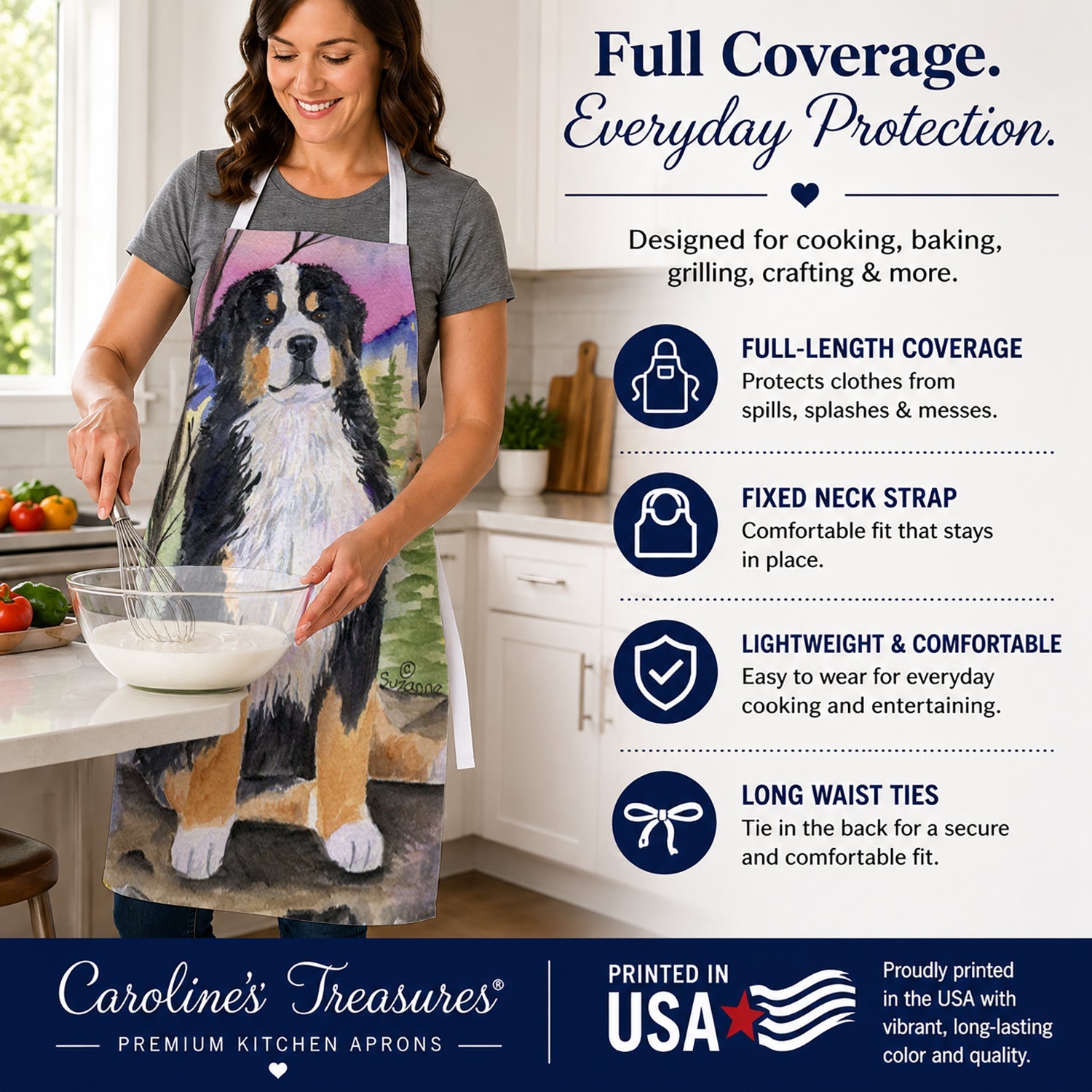 Bernese Mountain Dog Apron Cooking Kitchen Server Baking Crafts Gardening for Adult Women Men, Unisex, Large, Multicolor