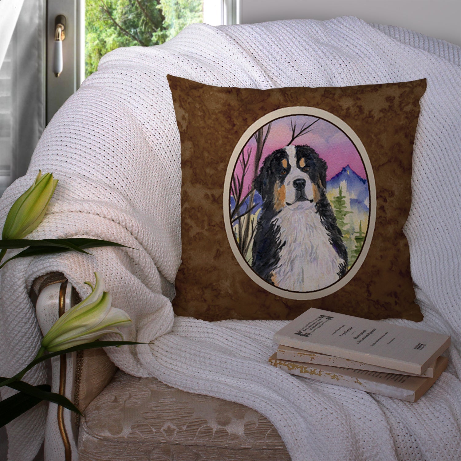 Bernese Mountain Dog Decorative Throw Pillow 14x14 Indoor Outdoor Accent Cushion, Fabric Cover with Insert for Sofa, Bed, Porch & Living Room