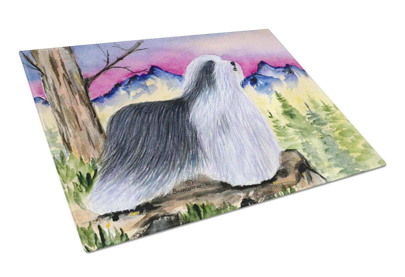 Bearded Collie Cutting Board Tempered Glass Kitchen Cutting Surface, Heat Resistant Chopping, Non-Slip Feet, Food Prep & Serving