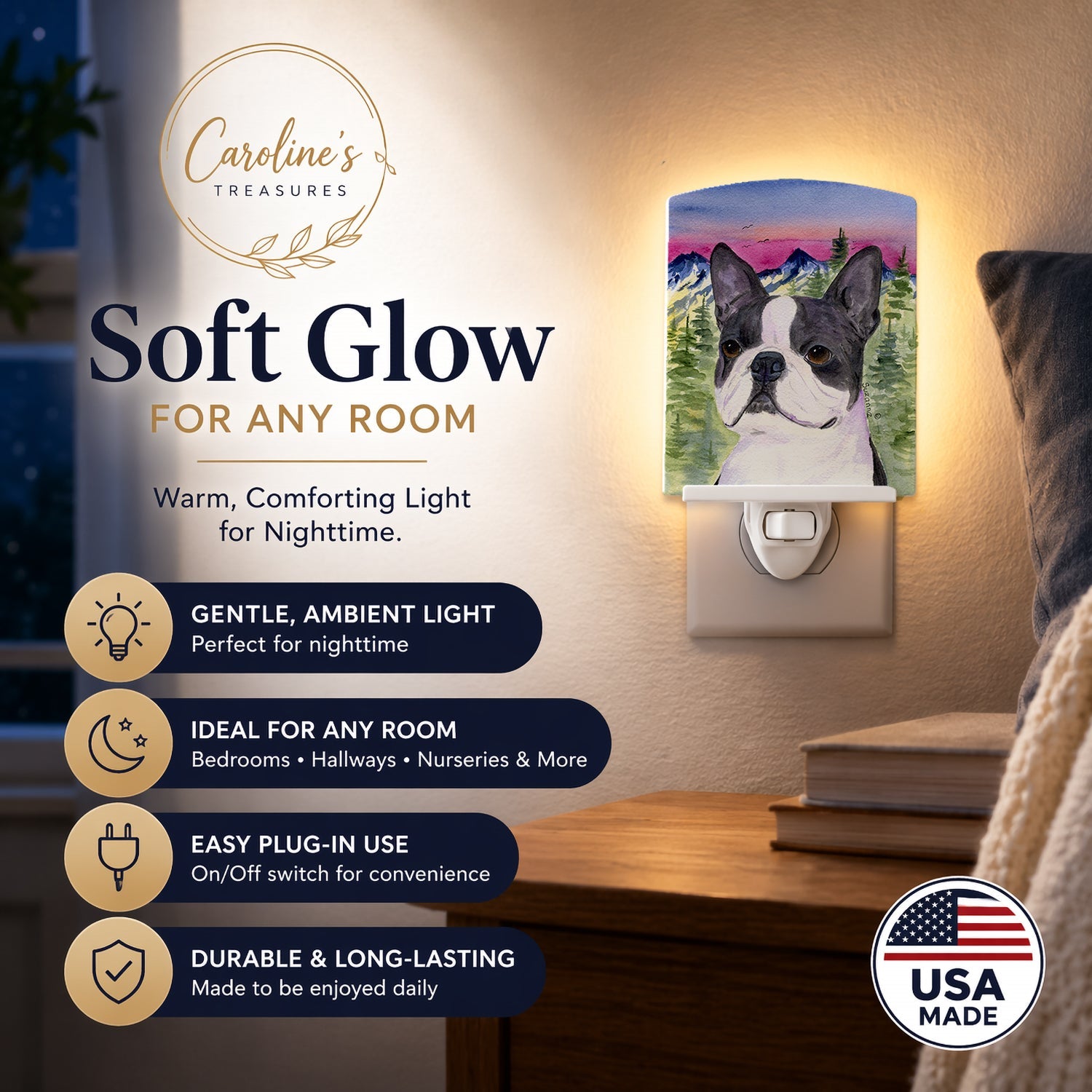 Boston Terrier Ceramic Night Light Compact, UL-Certified, Ideal for Bedroom, Bathroom, Nursery, Hallway, Kitchen, 6x4x3, Multicolor