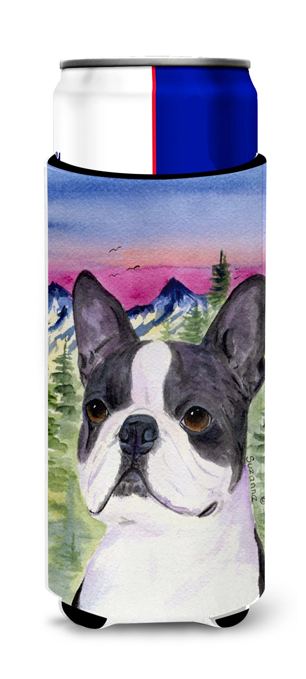 Boston Terrier Slim Can Hugger , Insulated Foam Hugger for 12 oz Slim Cans, Beer Bottles & Water Bottles, Printed in USA