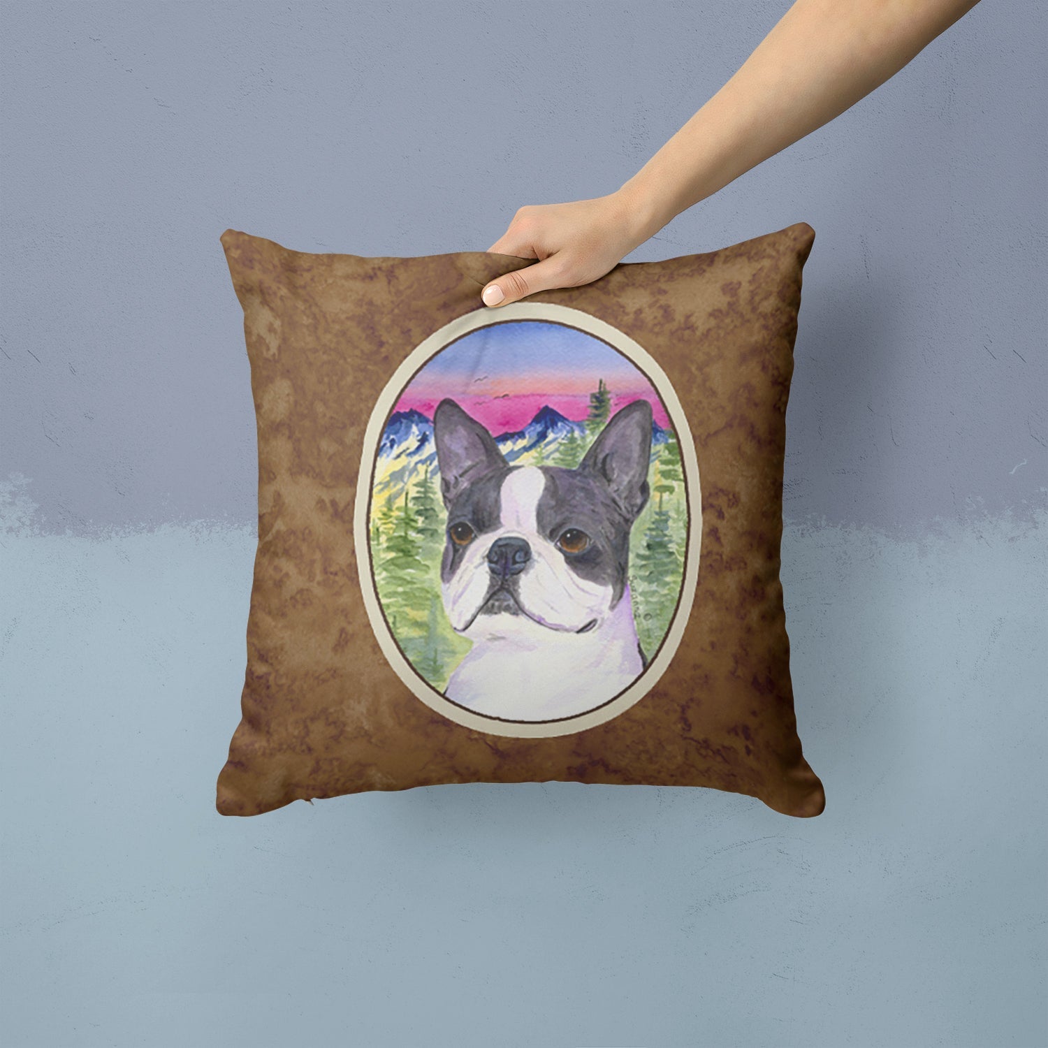 Boston Terrier Decorative Throw Pillow 14x14 Indoor Outdoor Accent Cushion, Fabric Cover with Insert for Sofa, Bed, Porch & Living Room