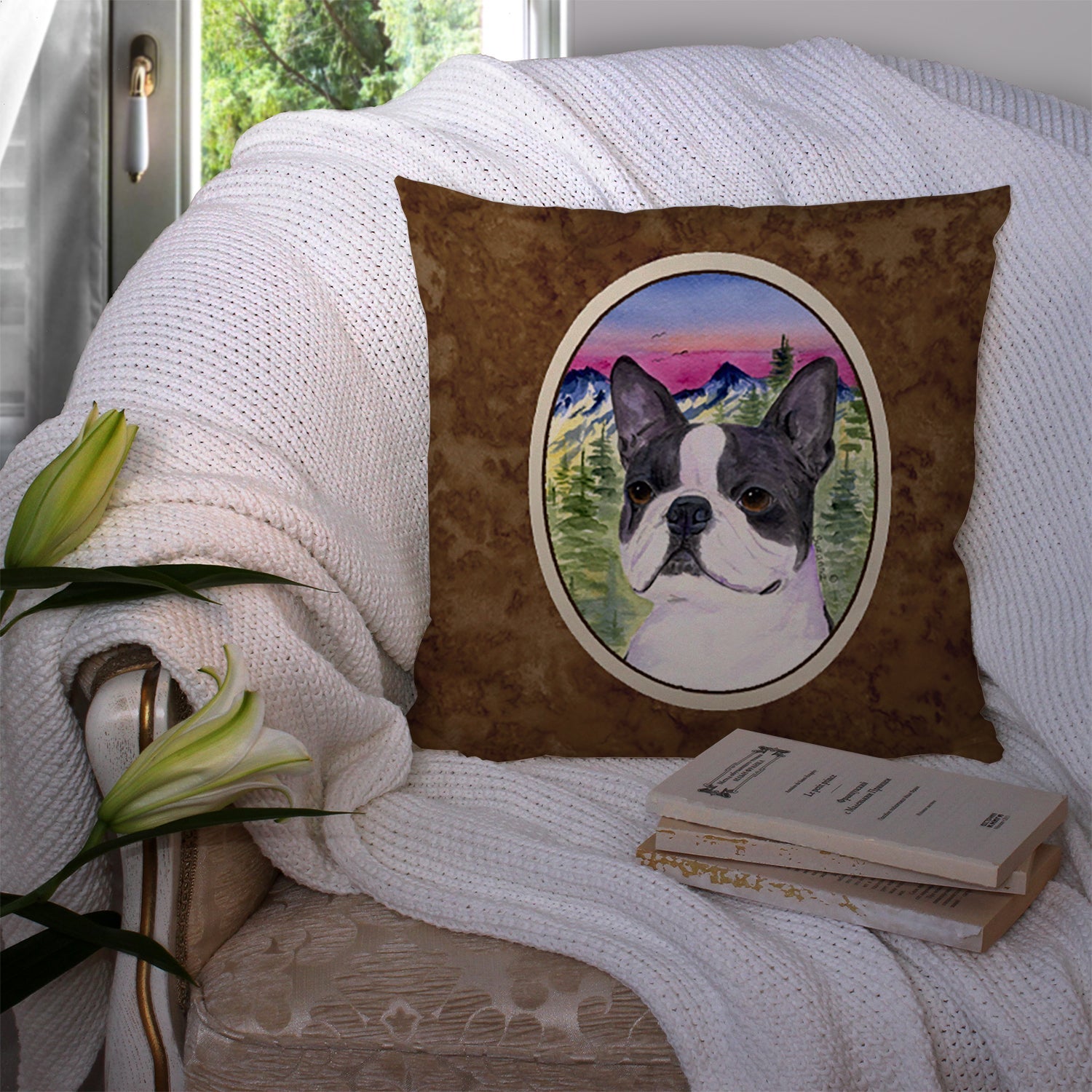 Boston Terrier Decorative Throw Pillow 14x14 Indoor Outdoor Accent Cushion, Fabric Cover with Insert for Sofa, Bed, Porch & Living Room