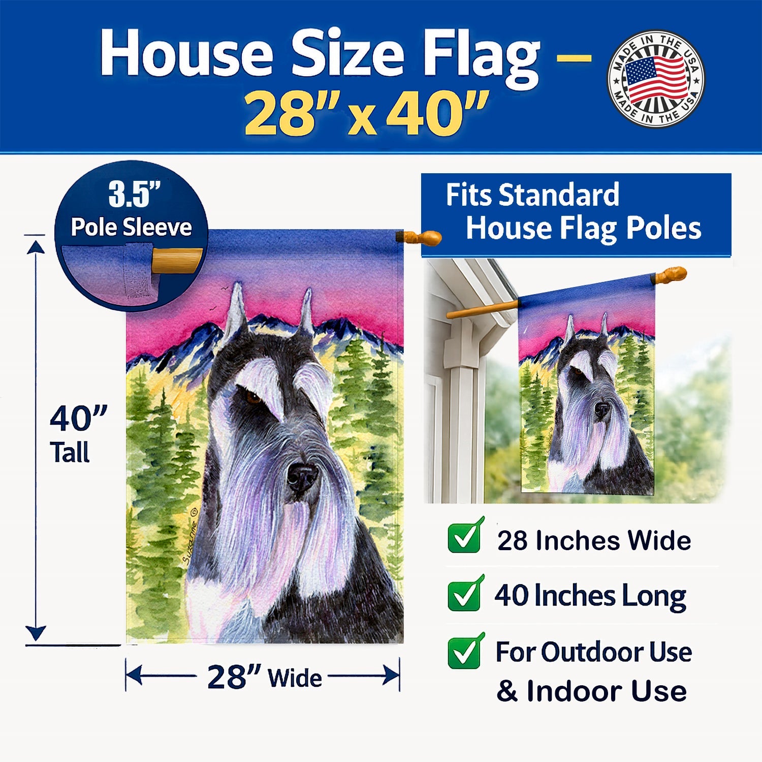 Schnauzer House Flag 28x40 Porch Sleeve Pole Decorative Outside Yard Banner Artwork Wall Hanging, Polyester