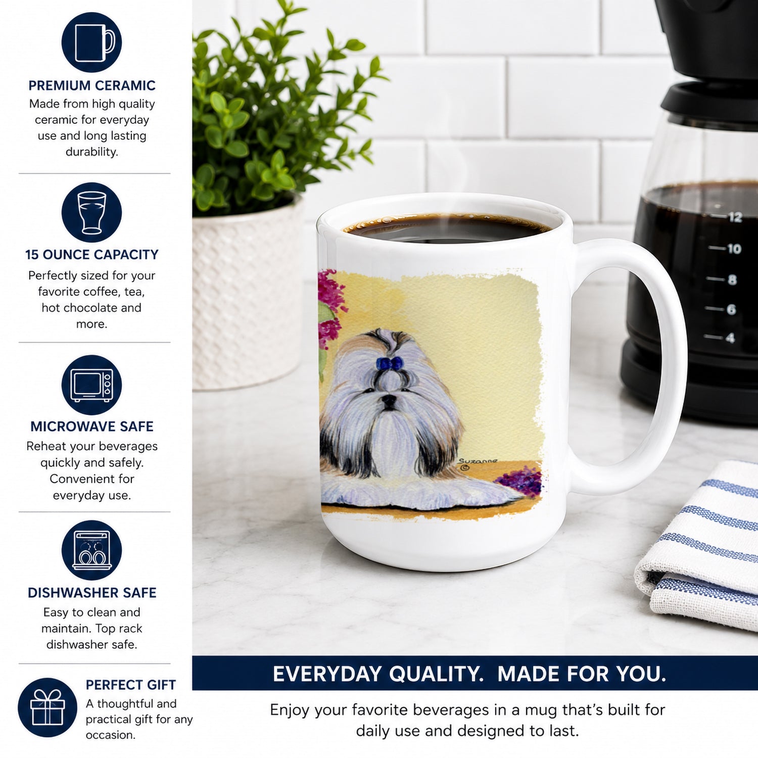 Shih Tzu Ceramic Coffee Mug 15 oz Decorative Large C Handle Mug Cup for Tea, Cocoa Hot Chocolate