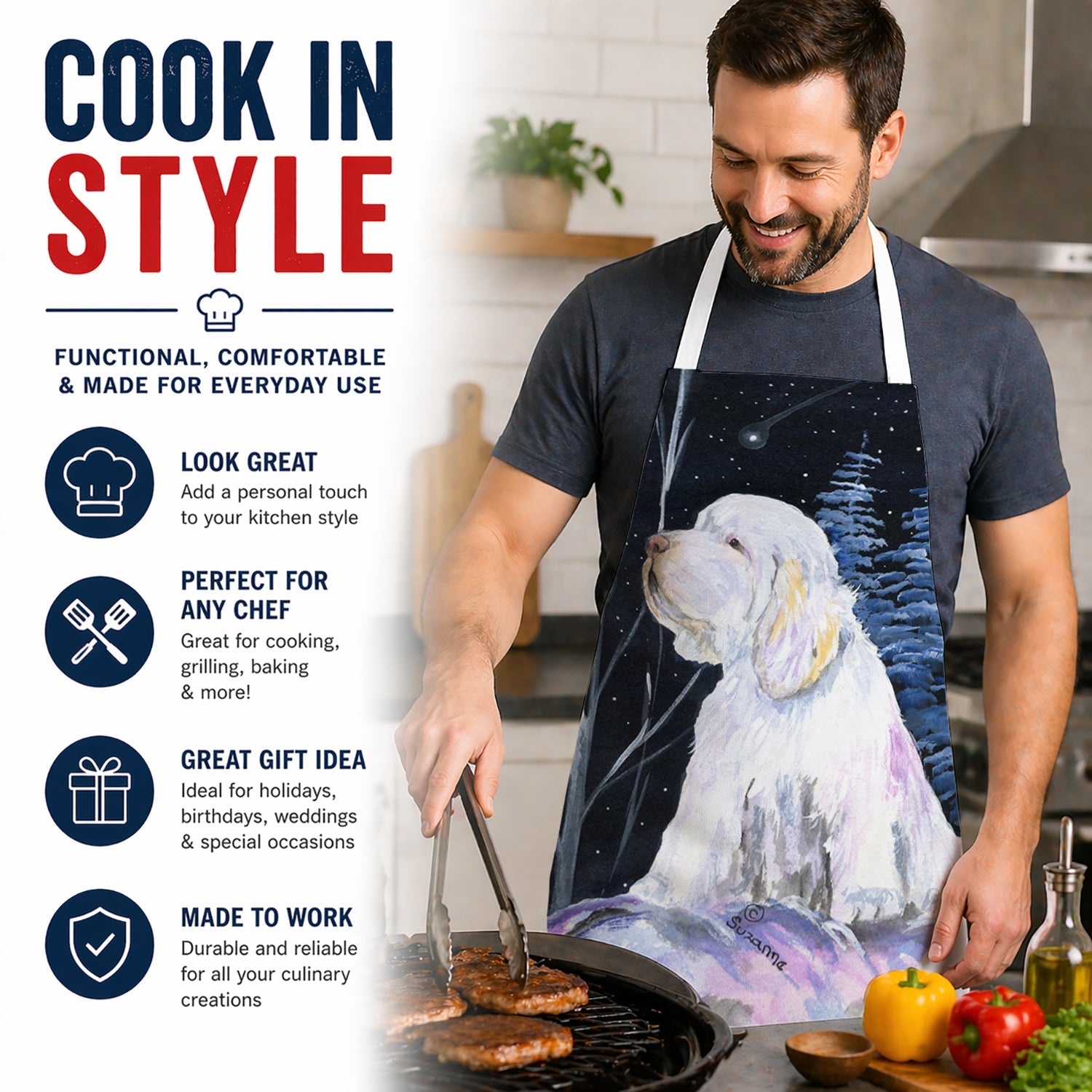 Clumber Spaniel Apron Cooking Kitchen Server Baking Crafts Gardening for Adult Women Men, Unisex, Large, Multicolor