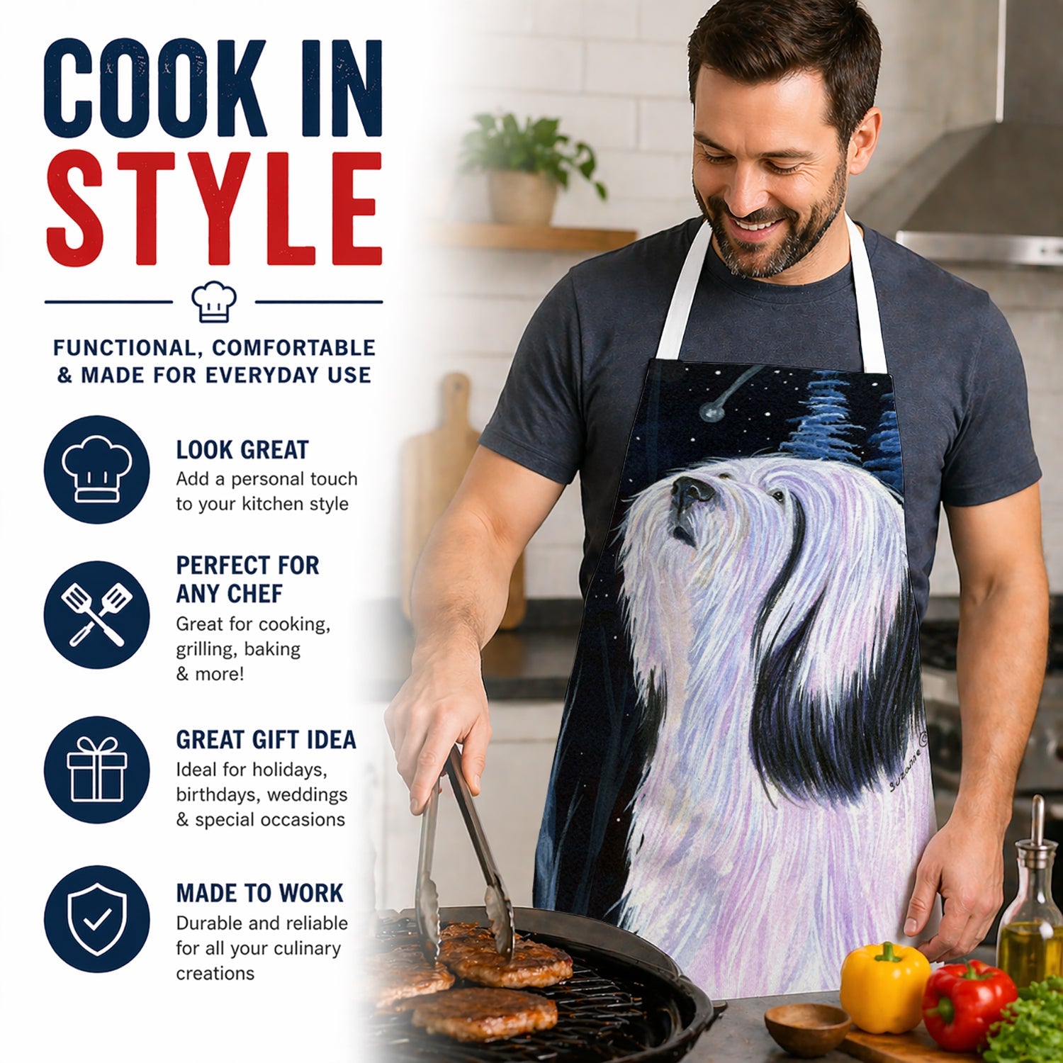 Tibetan Terrier Apron Cooking Kitchen Server Baking Crafts Gardening for Adult Women Men, Unisex, Large, Multicolor