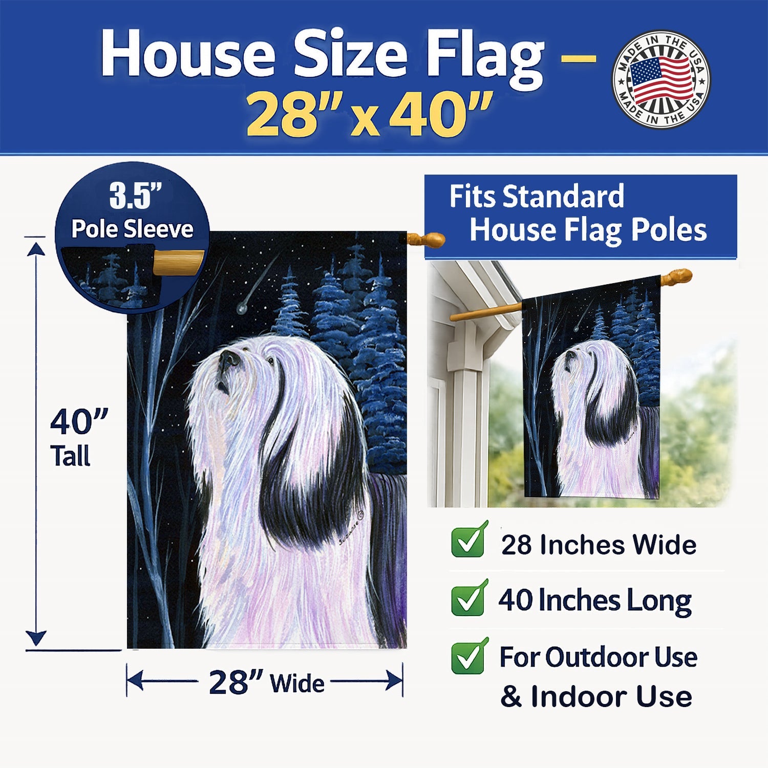 Tibetan Terrier House Flag 28x40 Porch Sleeve Pole Decorative Outside Yard Banner Artwork Wall Hanging, Polyester