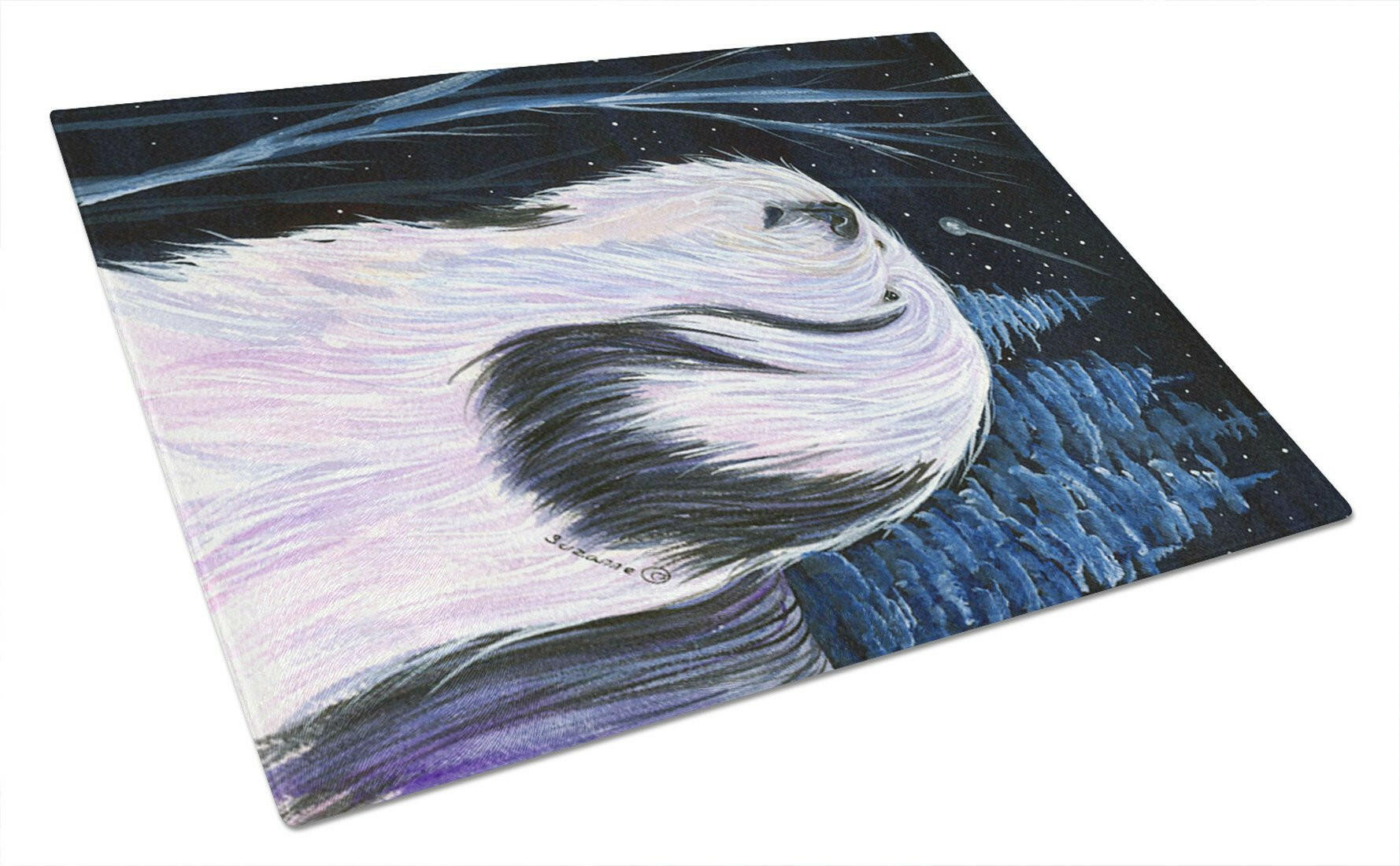 Tibetan Terrier Cutting Board Tempered Glass Kitchen Cutting Surface, Heat Resistant Chopping, Non-Slip Feet, Food Prep & Serving