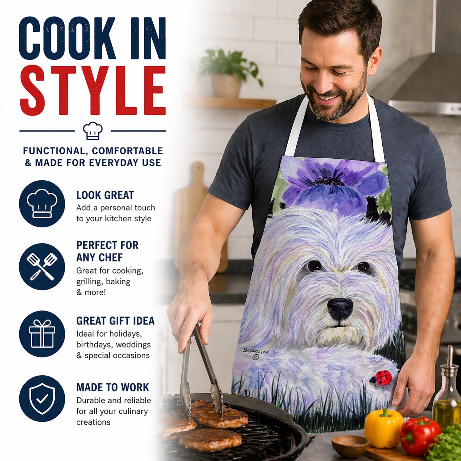 Coton de Tulear Apron Cooking Kitchen Server Baking Crafts Gardening for Adult Women Men, Unisex, Large, Multicolor