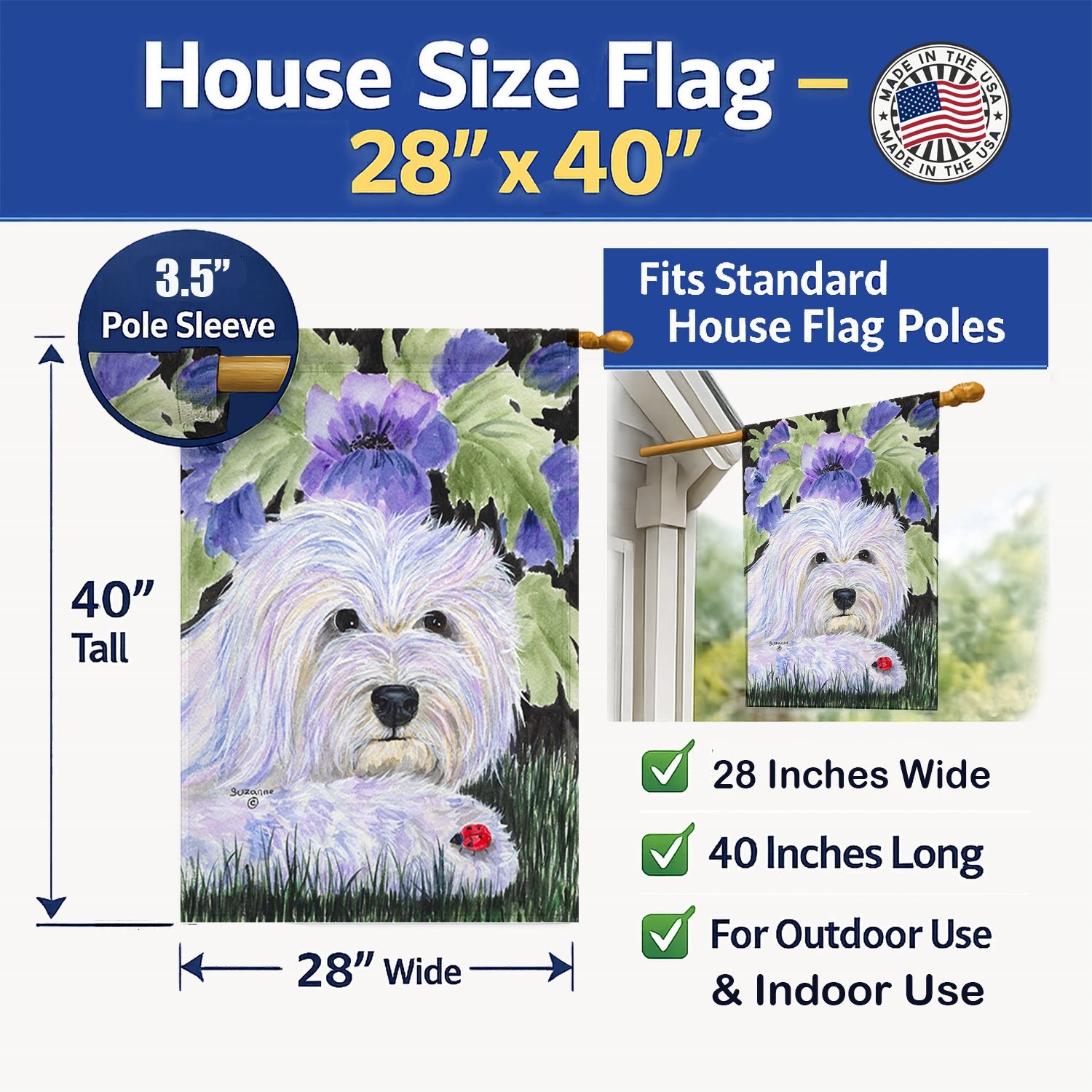 Coton de Tulear House Flag 28x40 Porch Sleeve Pole Decorative Outside Yard Banner Artwork Wall Hanging, Polyester