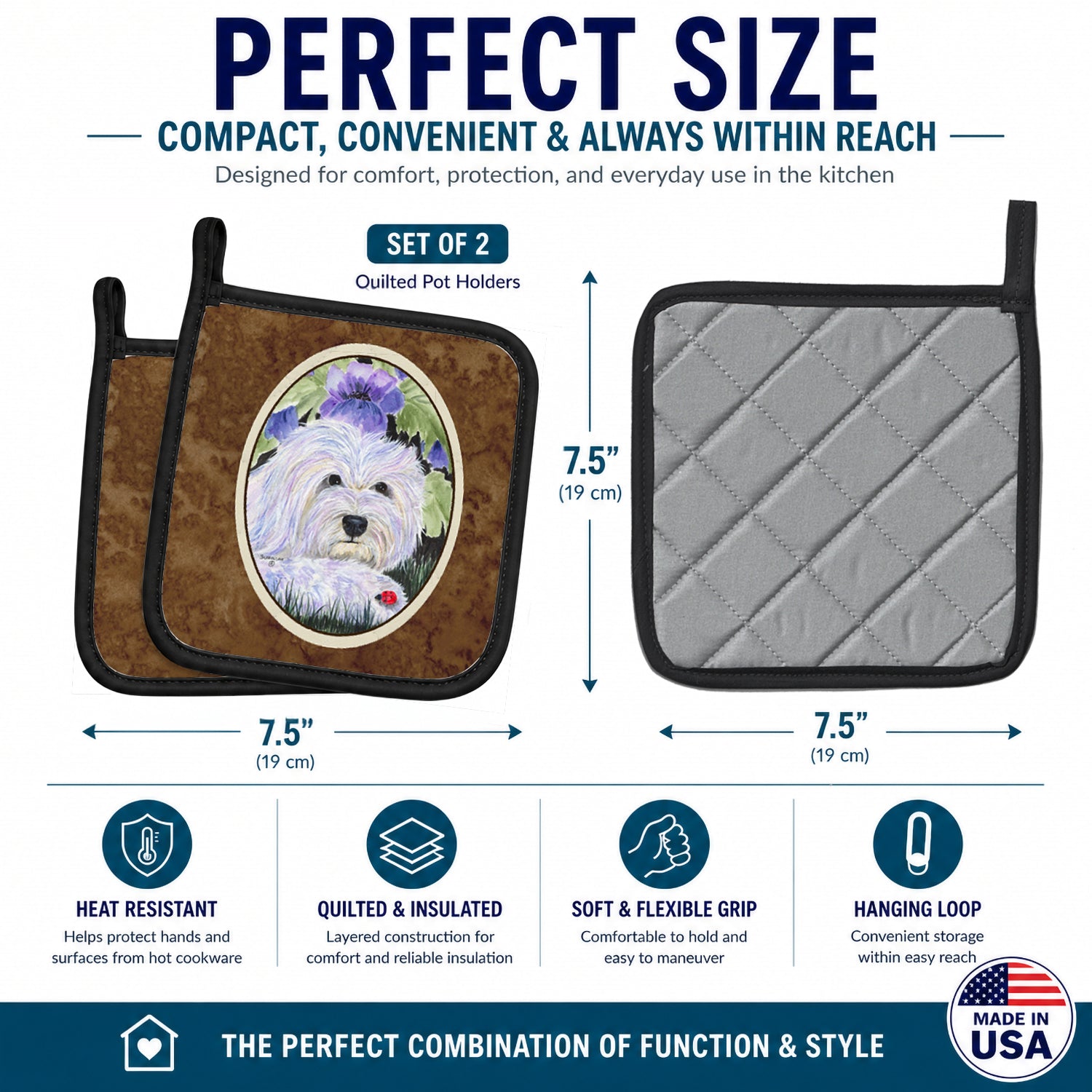Coton de Tulear Pot Holder Set of 2 Heat Resistant Quilted Hot Pads 7.5 x 7.5 Inch, Insulated Kitchen Trivets for Cooking & Baking