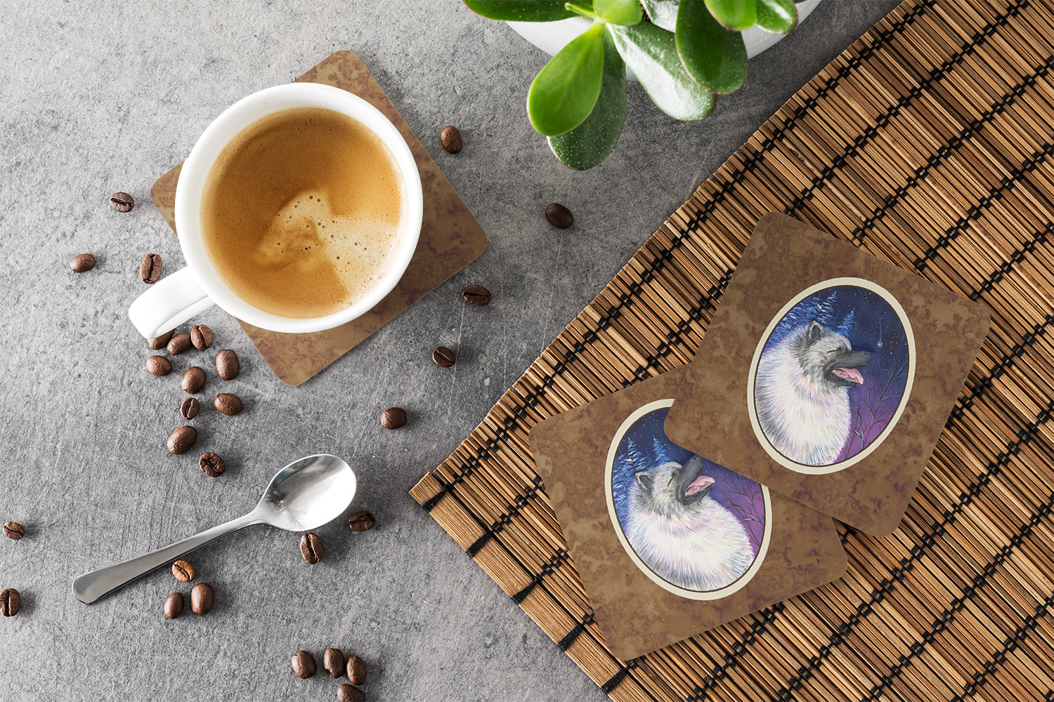 Starry Night Keeshond Foam Coasters Set of 4 Cup Coasters for Indoor Outdoor, Tabletop Protection, Anti Slip, Mouse pad Material