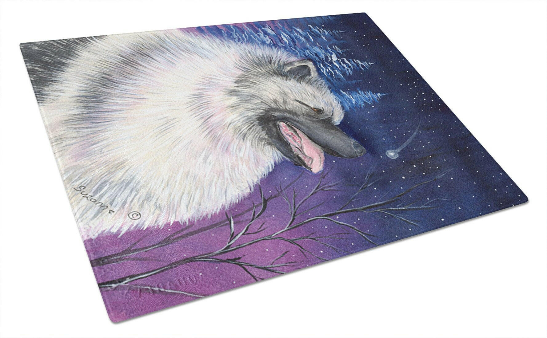Starry Night Keeshond Cutting Board Tempered Glass Kitchen Cutting Surface, Heat Resistant Chopping, Non-Slip Feet, Food Prep & Serving
