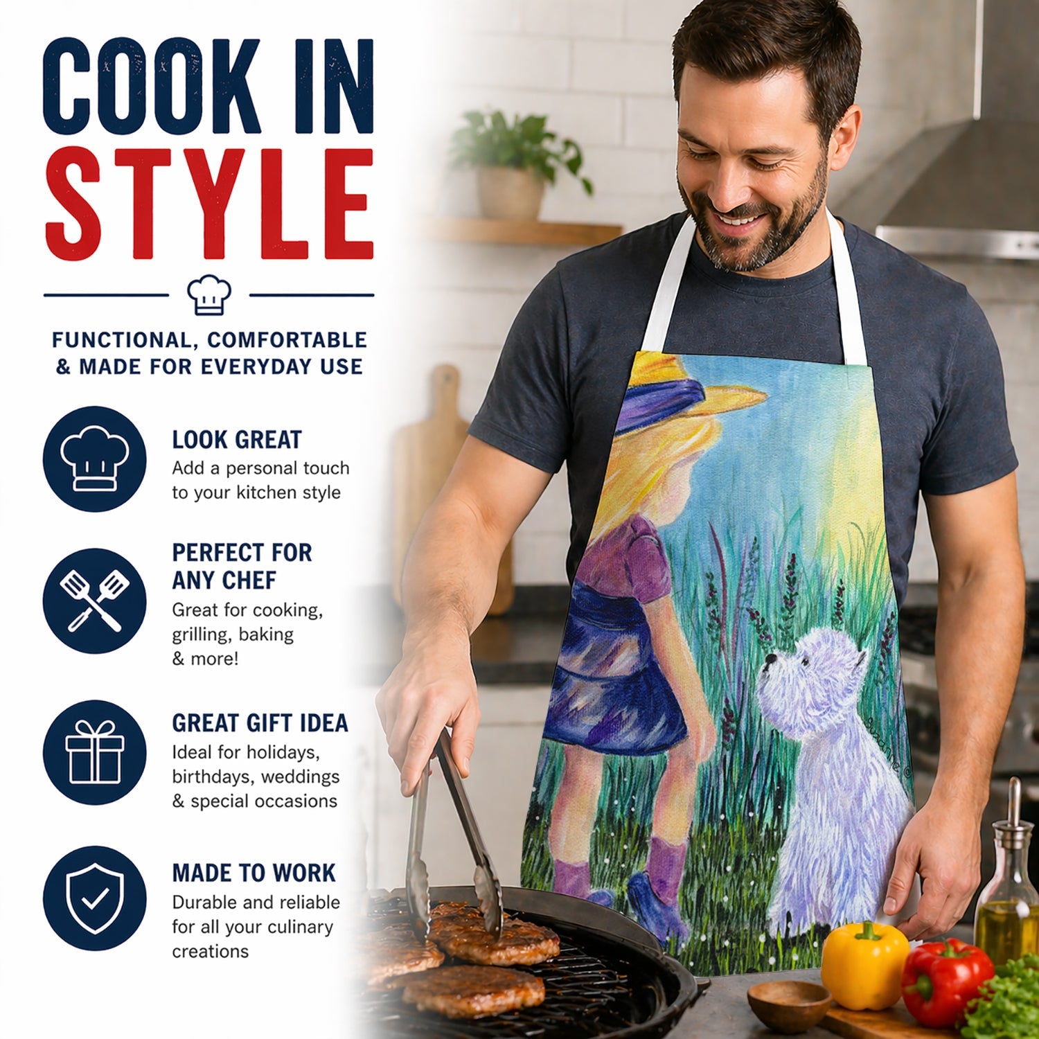 Little Girl with Westie Apron Cooking Kitchen Server Baking Crafts Gardening for Adult Women Men, Unisex, Large, Multicolor