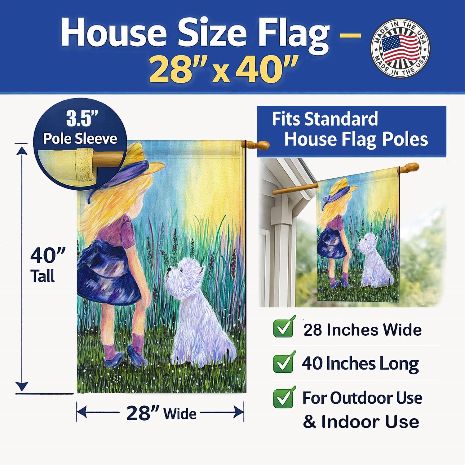 Little Girl with Westie House Flag 28x40 Porch Sleeve Pole Decorative Outside Yard Banner Artwork Wall Hanging, Polyester