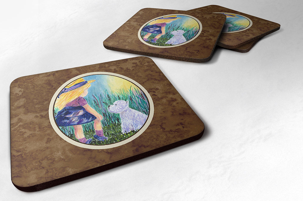 Little Girl with Westie Foam Coasters Set of 4 Cup Coasters for Indoor Outdoor, Tabletop Protection, Anti Slip, Mouse pad Material