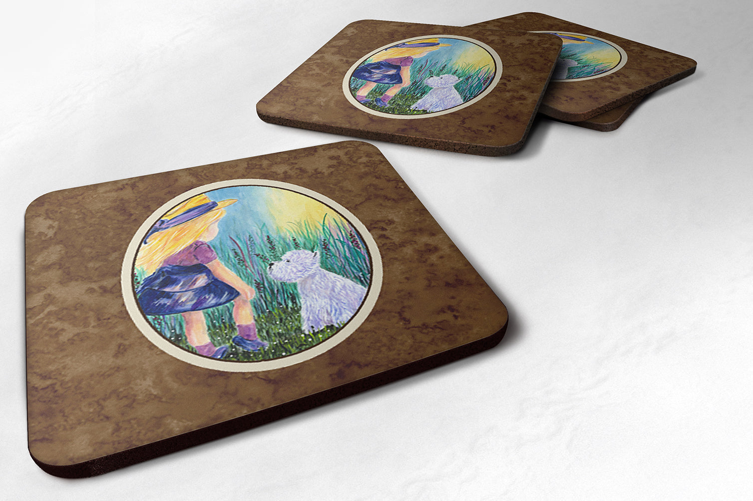 Little Girl with Westie Foam Coasters Set of 4 Cup Coasters for Indoor Outdoor, Tabletop Protection, Anti Slip, Mouse pad Material