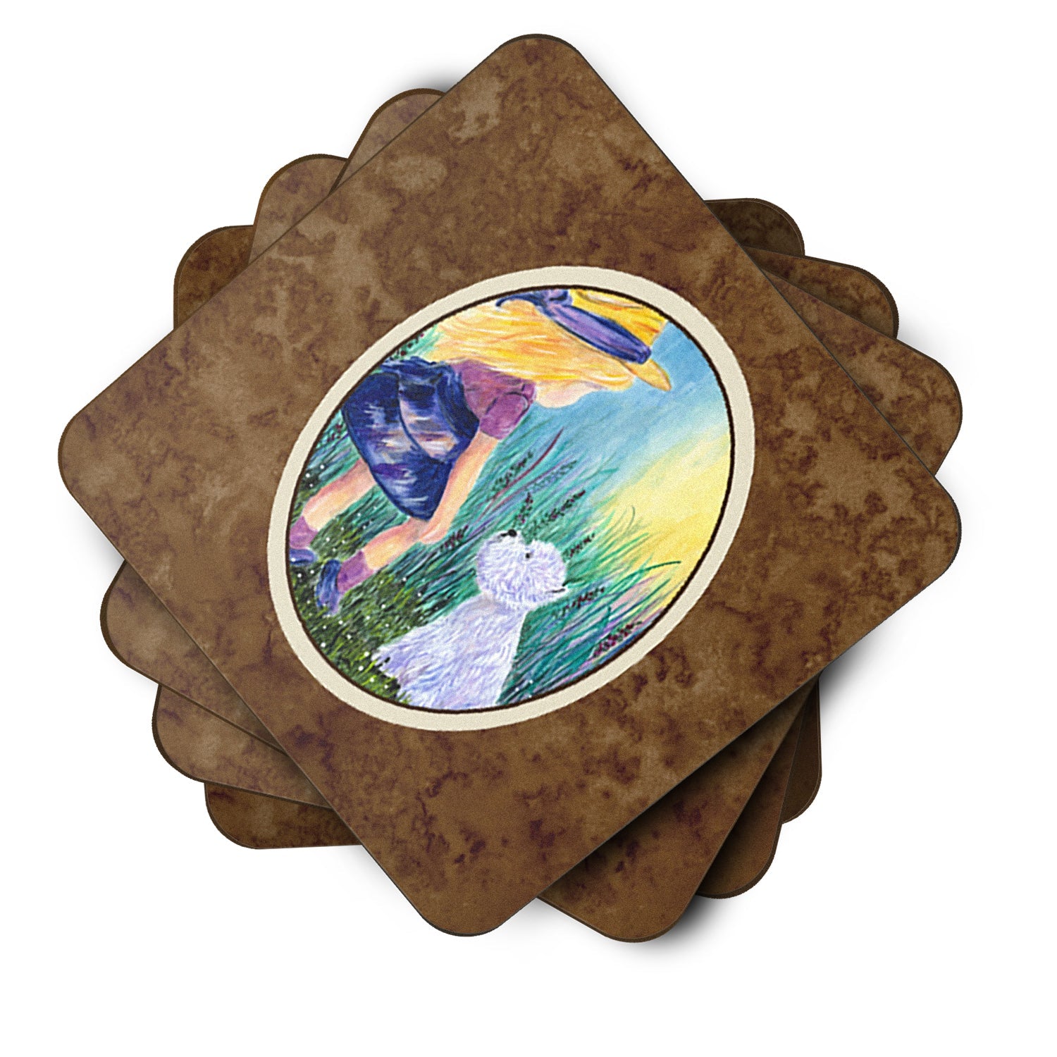 Little Girl with Westie Foam Coasters Set of 4 Cup Coasters for Indoor Outdoor, Tabletop Protection, Anti Slip, Mouse pad Material