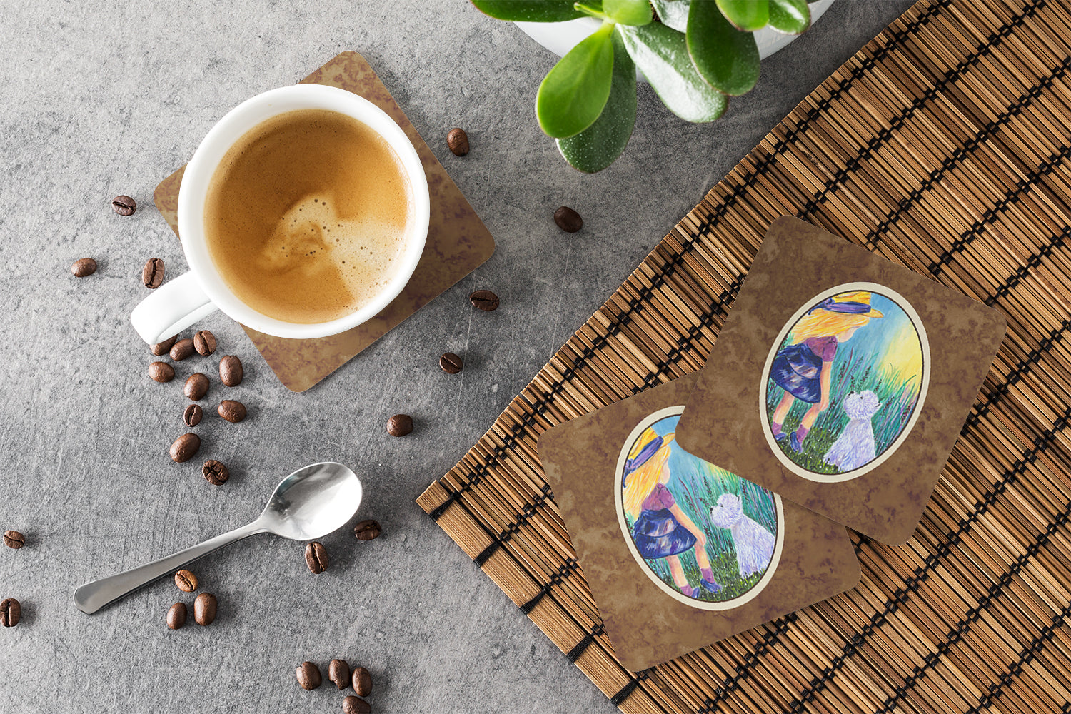Little Girl with Westie Foam Coasters Set of 4 Cup Coasters for Indoor Outdoor, Tabletop Protection, Anti Slip, Mouse pad Material