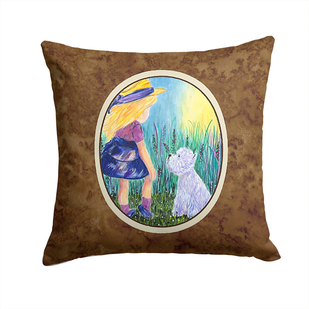Little Girl with Westie Decorative Throw Pillow 14x14 Indoor Outdoor Accent Cushion, Fabric Cover with Insert for Sofa, Bed, Porch & Living Room
