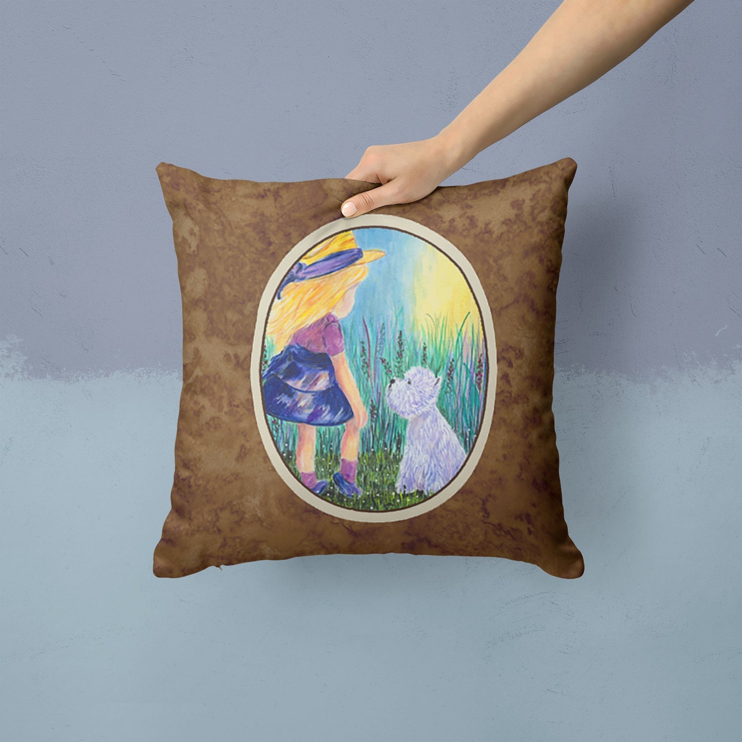 Little Girl with Westie Decorative Throw Pillow 14x14 Indoor Outdoor Accent Cushion, Fabric Cover with Insert for Sofa, Bed, Porch & Living Room