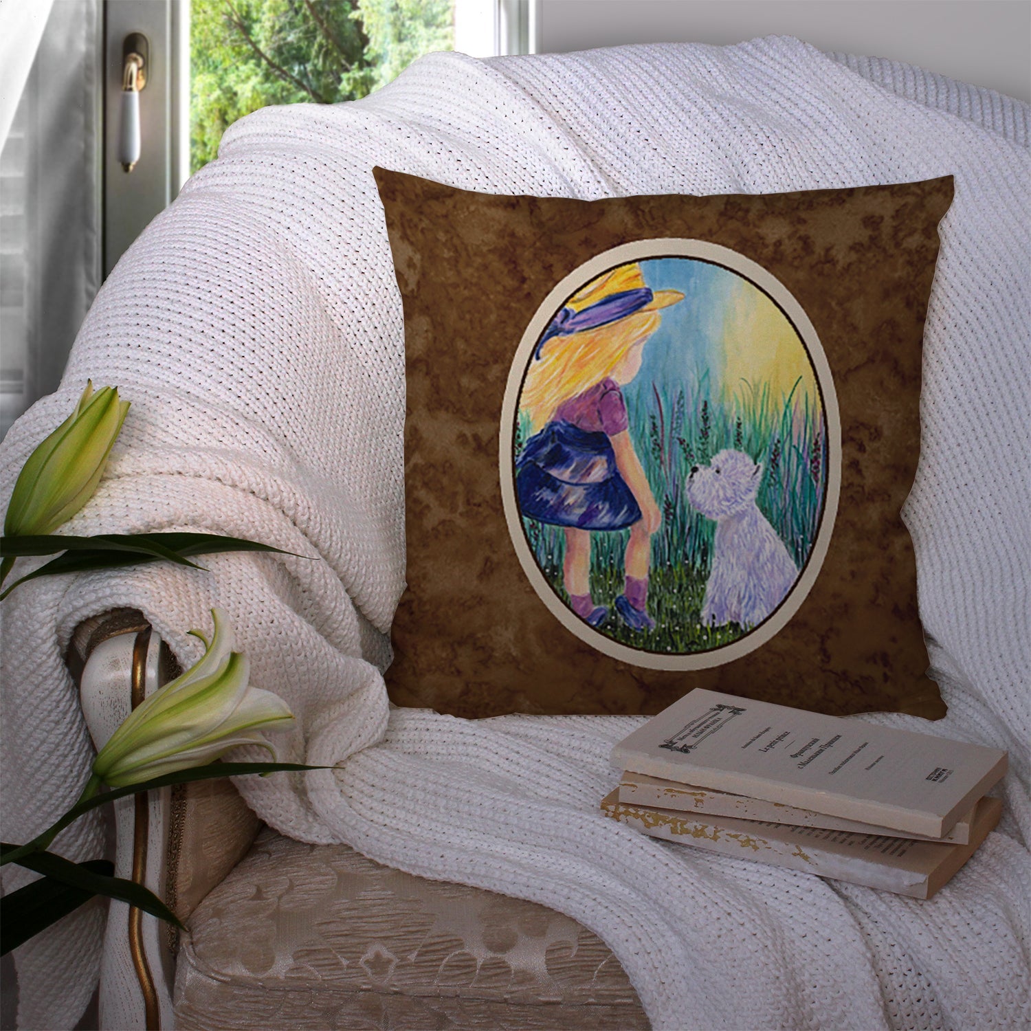 Little Girl with Westie Decorative Throw Pillow 14x14 Indoor Outdoor Accent Cushion, Fabric Cover with Insert for Sofa, Bed, Porch & Living Room