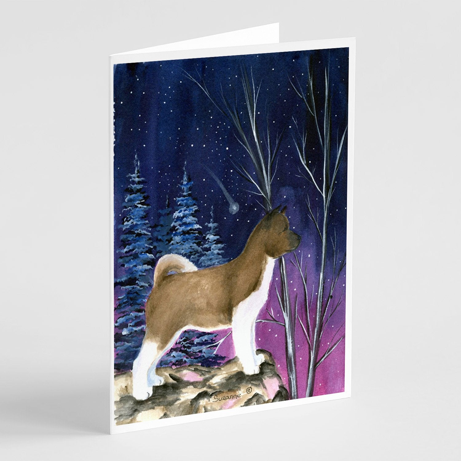 Starry Night Akita Greeting Cards Pack of 8 Blank Cards with Envelopes Whimsical A7 Size 5x7